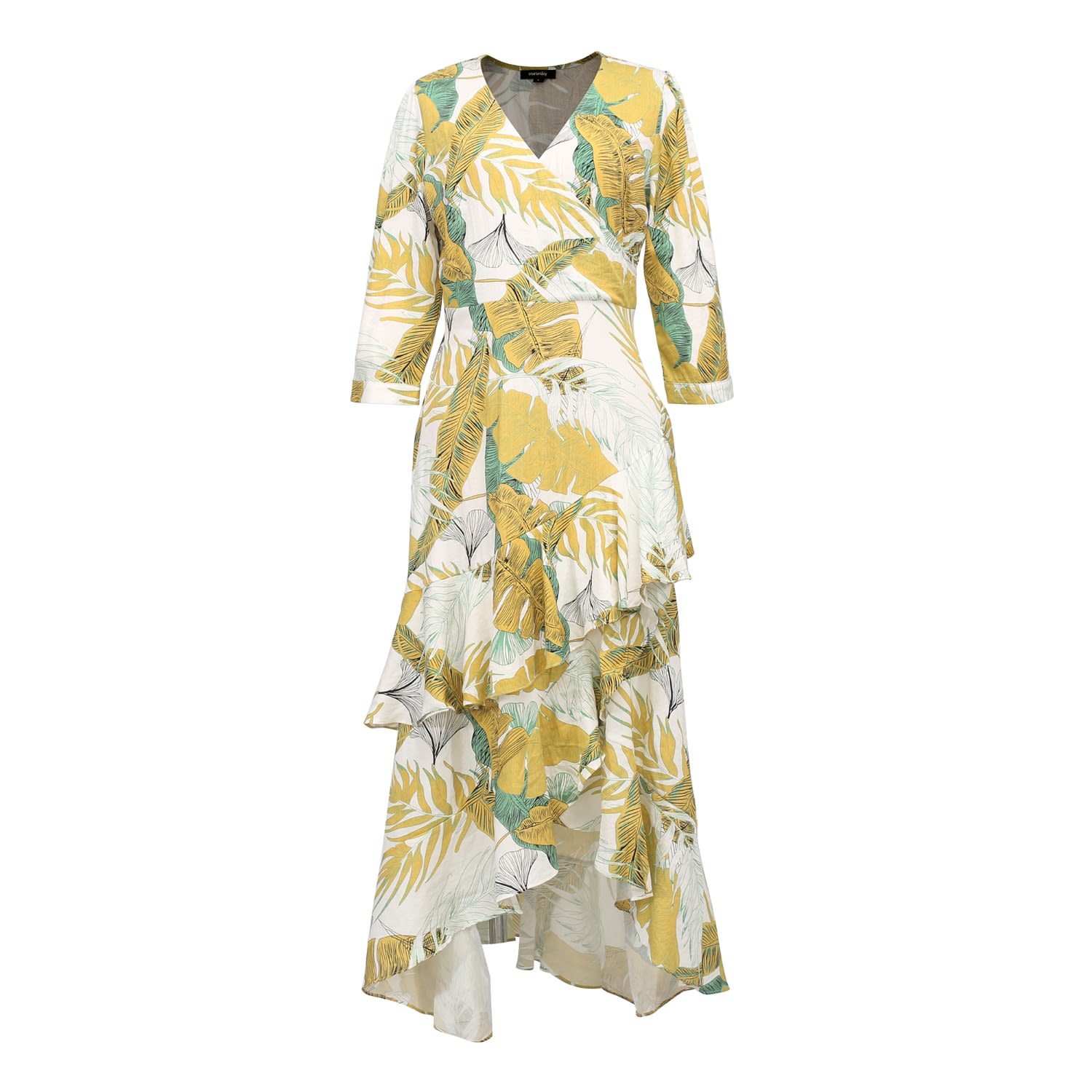 Smart And Joy Women's Yellow / Orange Tropical Print Frilled Midi Dress With Cross Bust In Yellow/orange