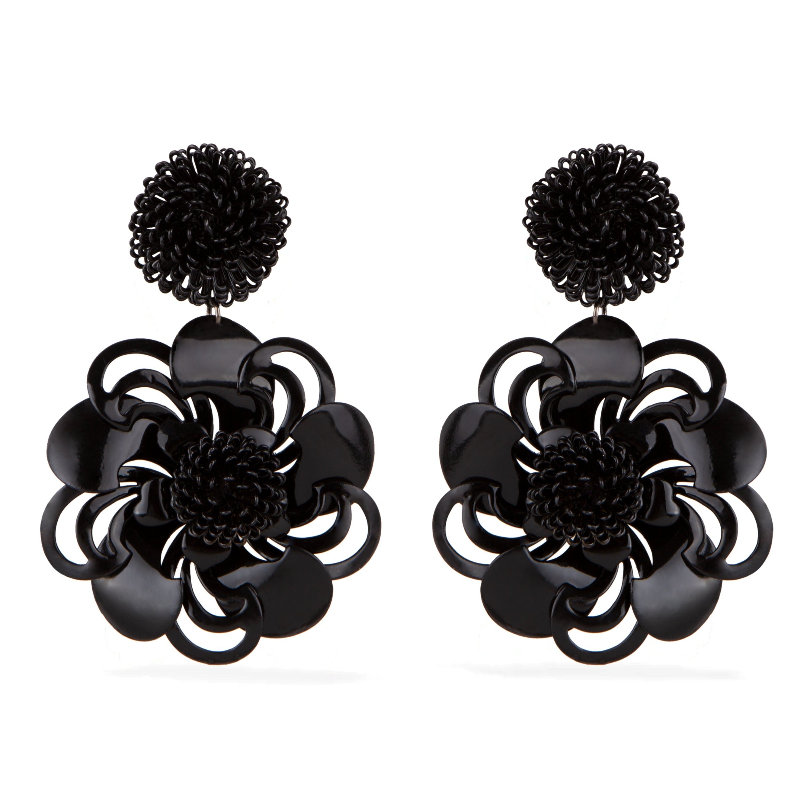 Women’s Black Pompom Flower Earrings Pat’s Jewelry