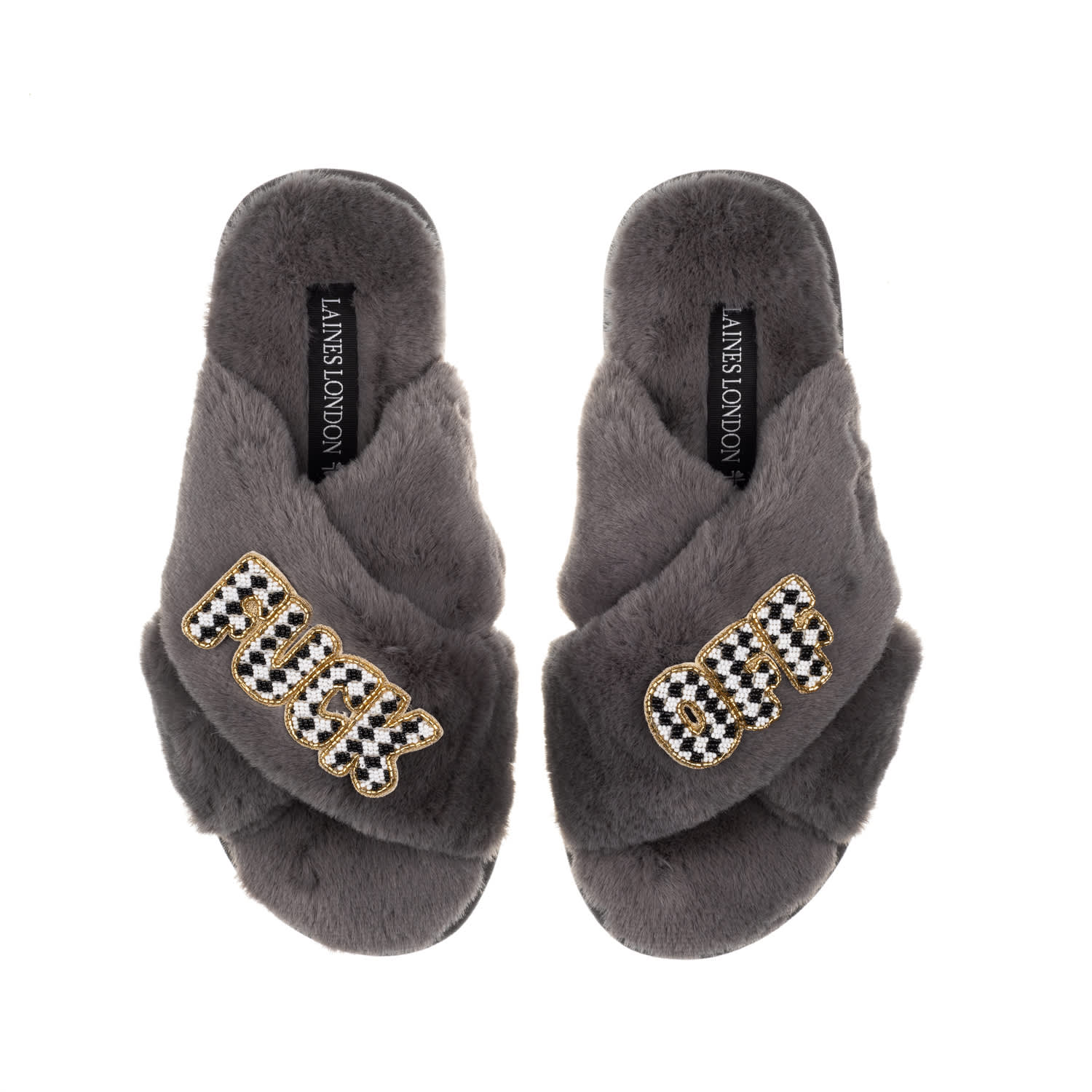 Laines London Women's Classic Laines Slippers With Chequered Fuck Off Brooches - Grey In Grey