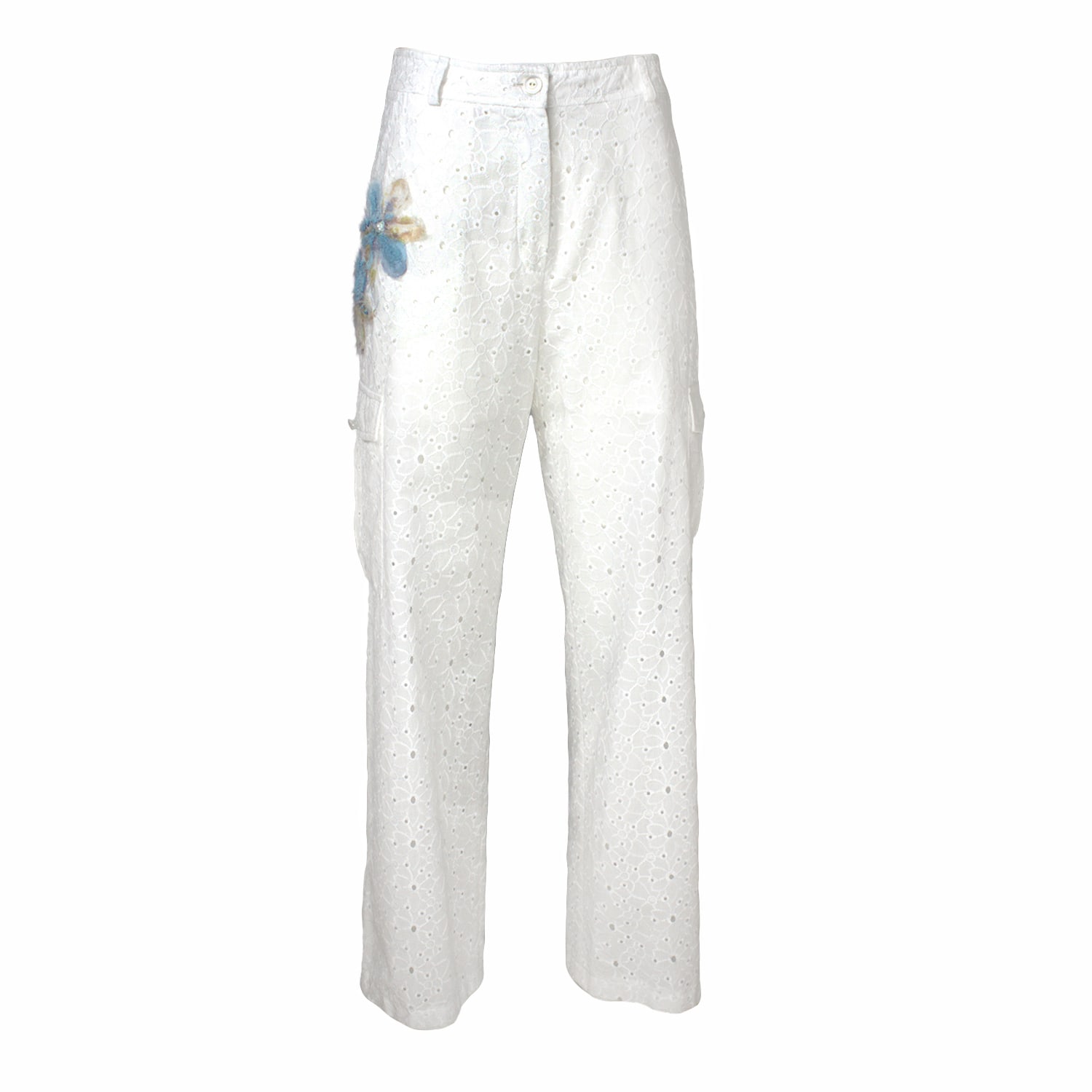 Lalipop Design Women's White Broderie Anglaise Pants With Cargo Pockets In White