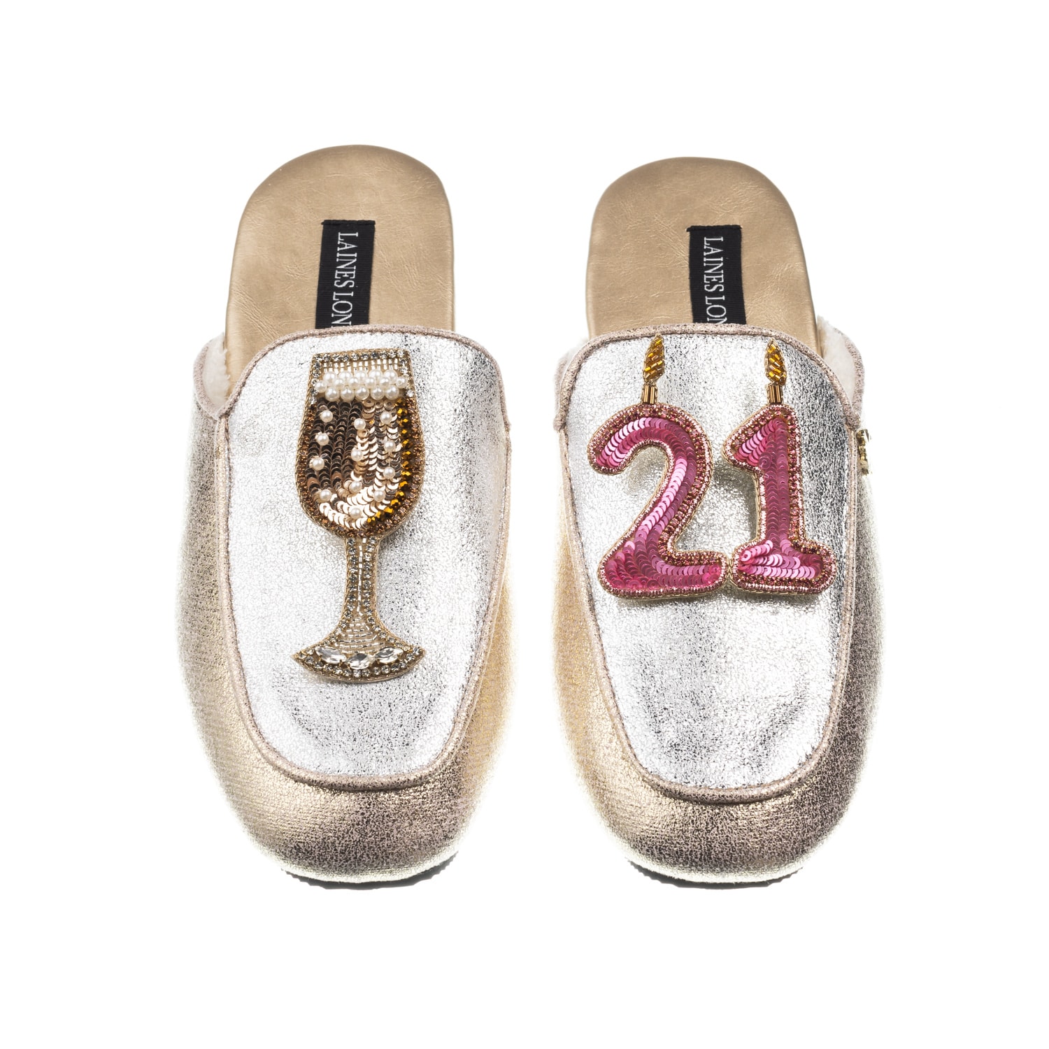 Laines London Women's Gold / Silver Classic Mules With 21st Birthday & Glass Of Champagne Brooches - Silver & Gold