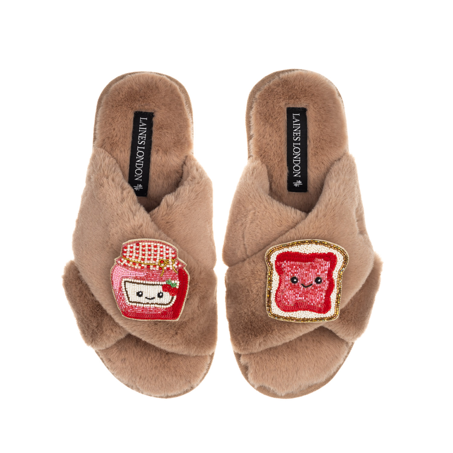 Laines London Women's Brown Classic Slippers With Laines Loveables Jam & Toast Brooches - Toffee In Brown