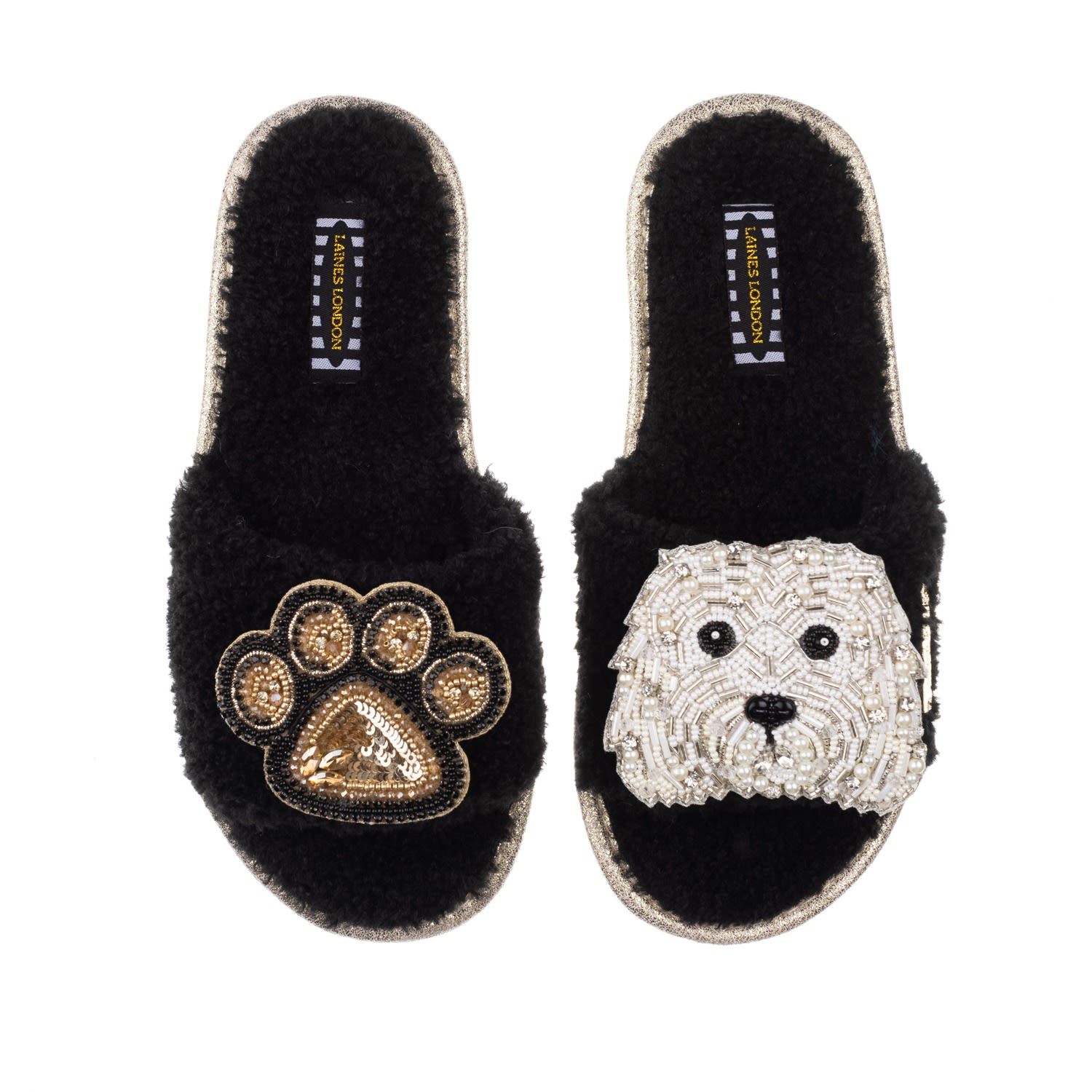 Women’s Teddy Towelling Slipper Sliders With Queenie & Paw Brooch - Black Medium Laines London