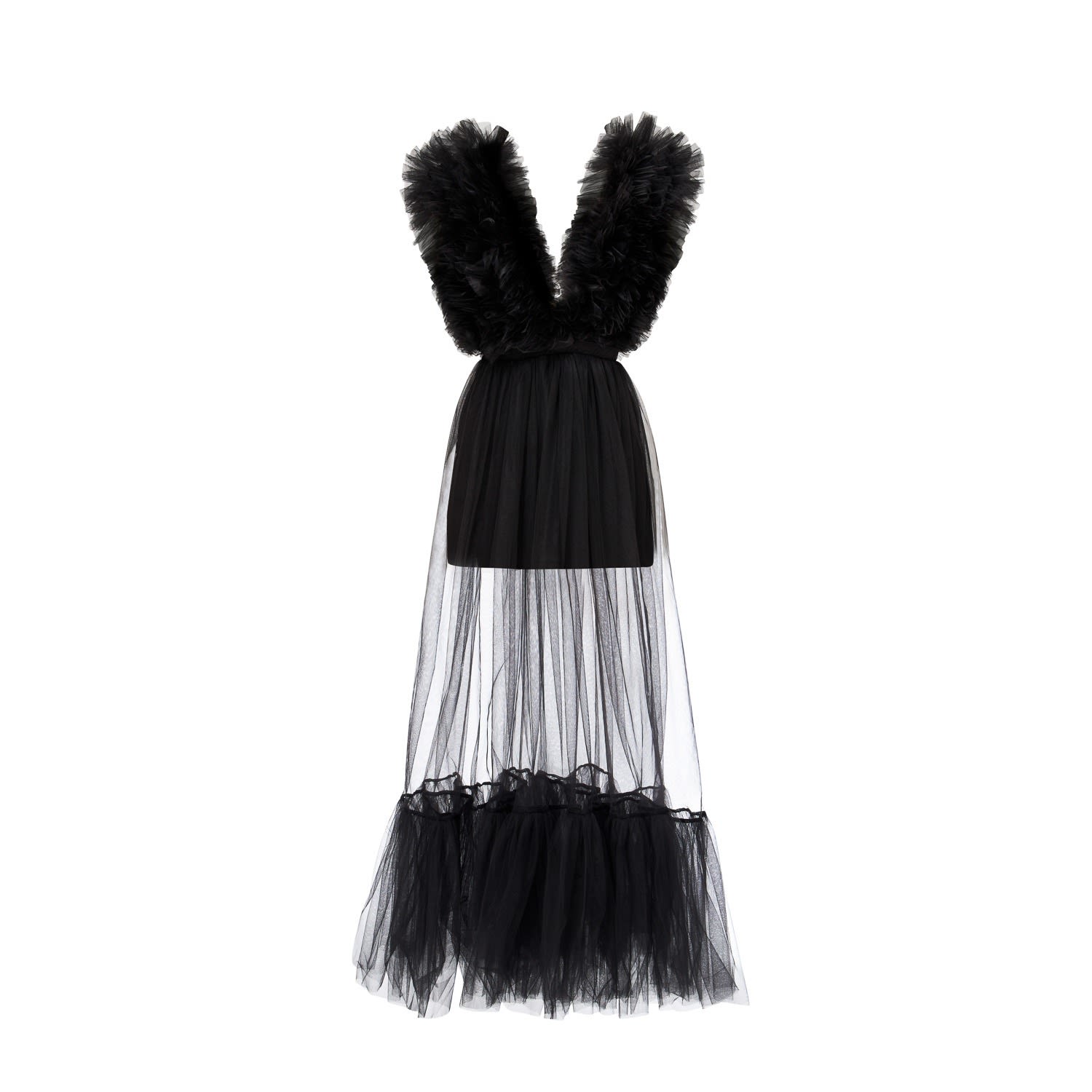 Women’s Black Tiered Ruffled Tulle Gown Large Lia Aram