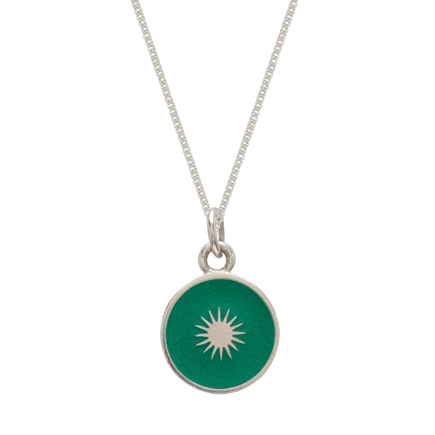 Lime Tree Design Women's Small Sun Enamel Necklace Sterling Silver Emerald Green