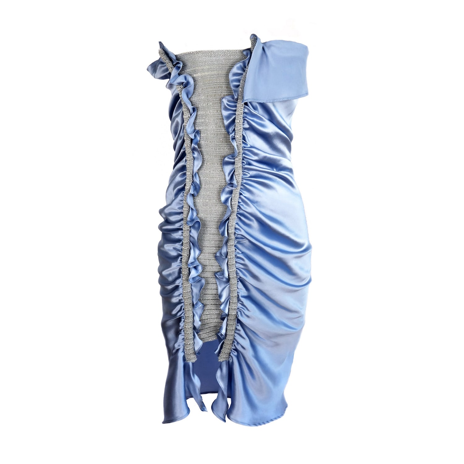 Ccy Currency Women's Blue / Grey Halterless Frill Dress - Ice Blue Silk In Blue/grey