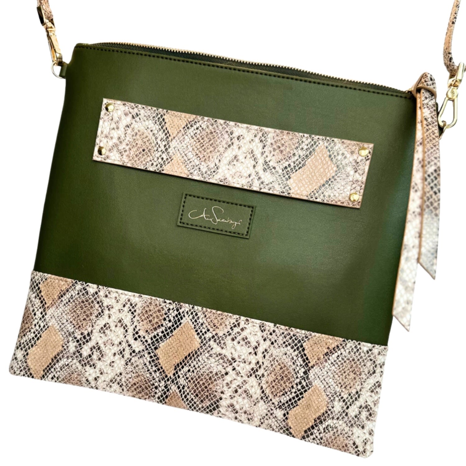 Anne Schollenberger Women's Green Crossbody & Clutch No One Olive & Snake In Green