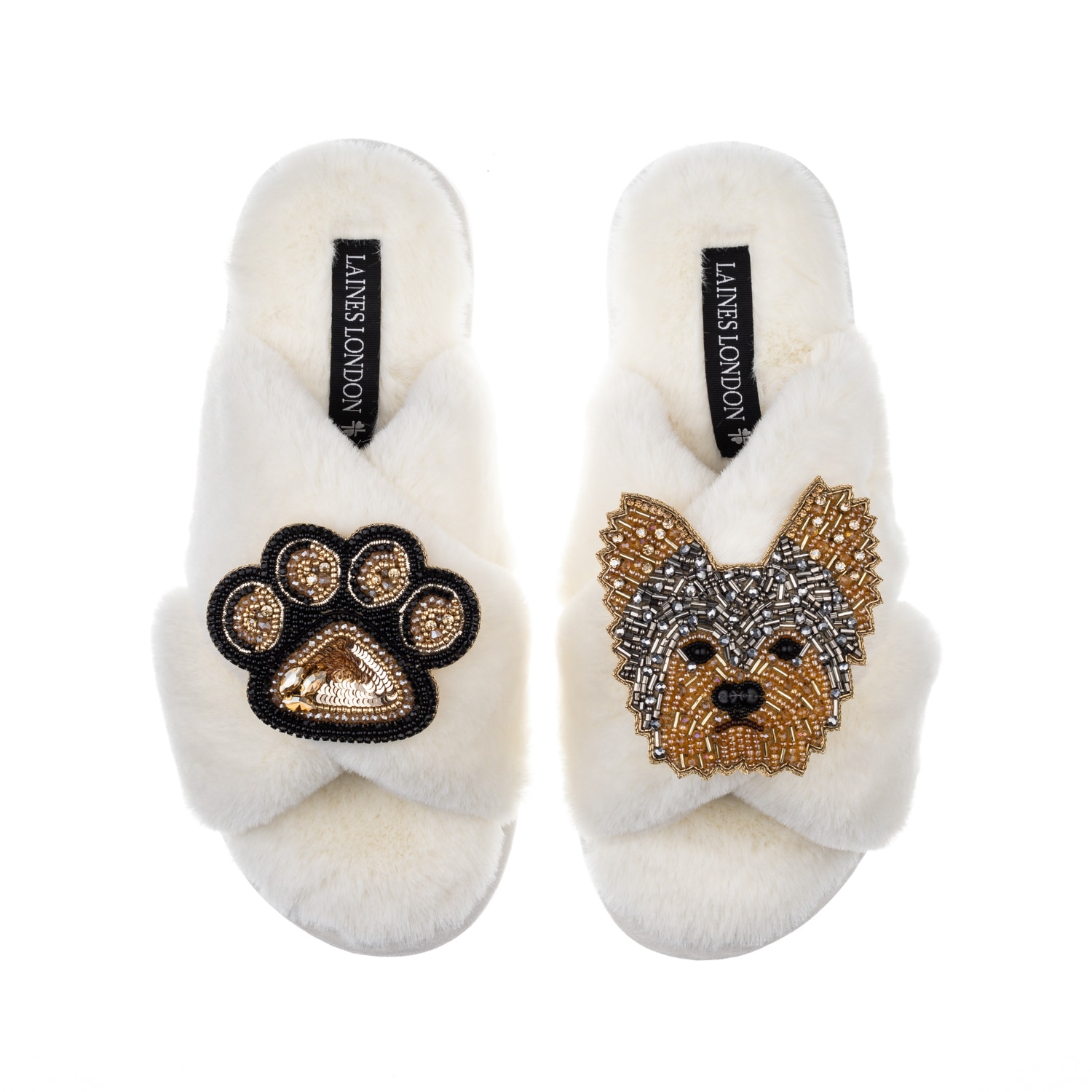 Laines London Women's White Classic Laines Slippers With Minnie Yorkie & Paw Brooches - Cream In White
