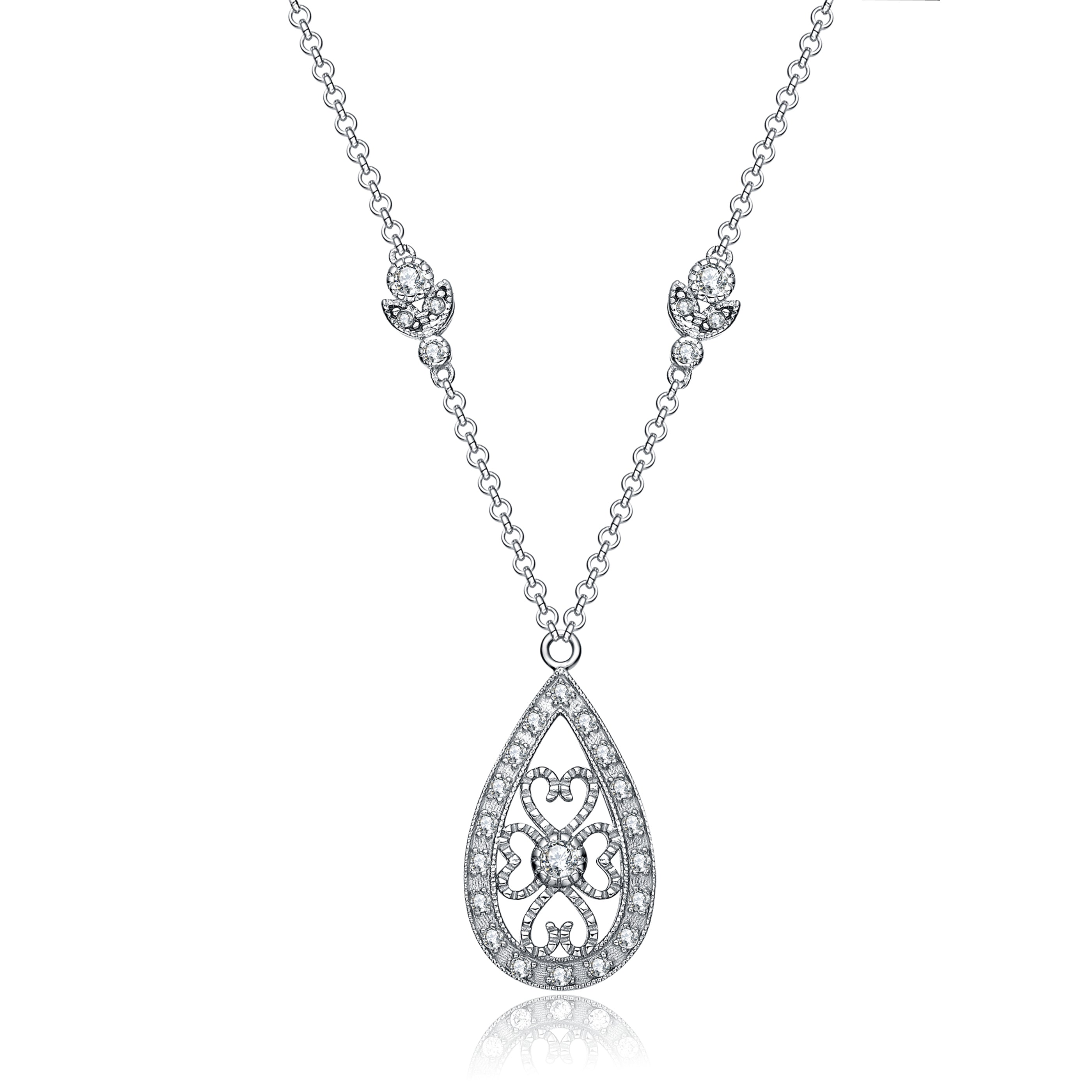 Genevive Jewelry Women's White / Silver Sterling Silver White Cubic Zirconia Stone Heart Necklace In Multi