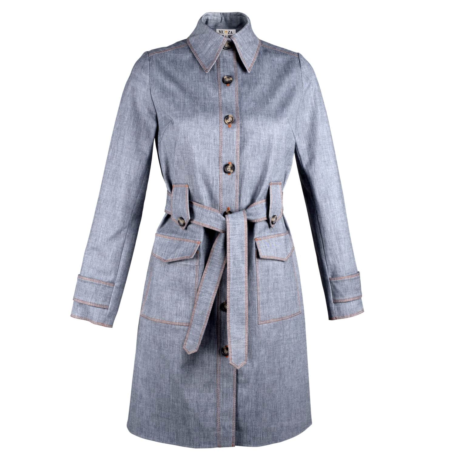 belted denim trench coat