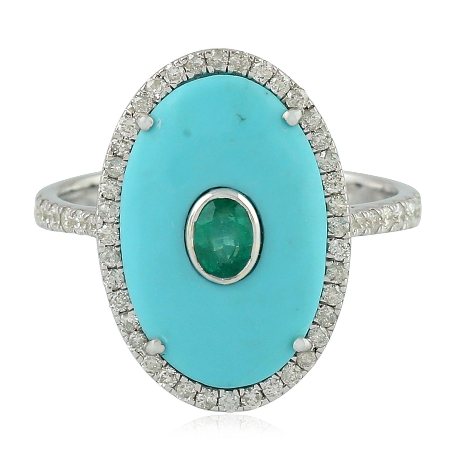 Women’s Green / Blue / White White Gold Cocktail Ring Natural Diamond Emerald Turquoise Gemstone Artisan