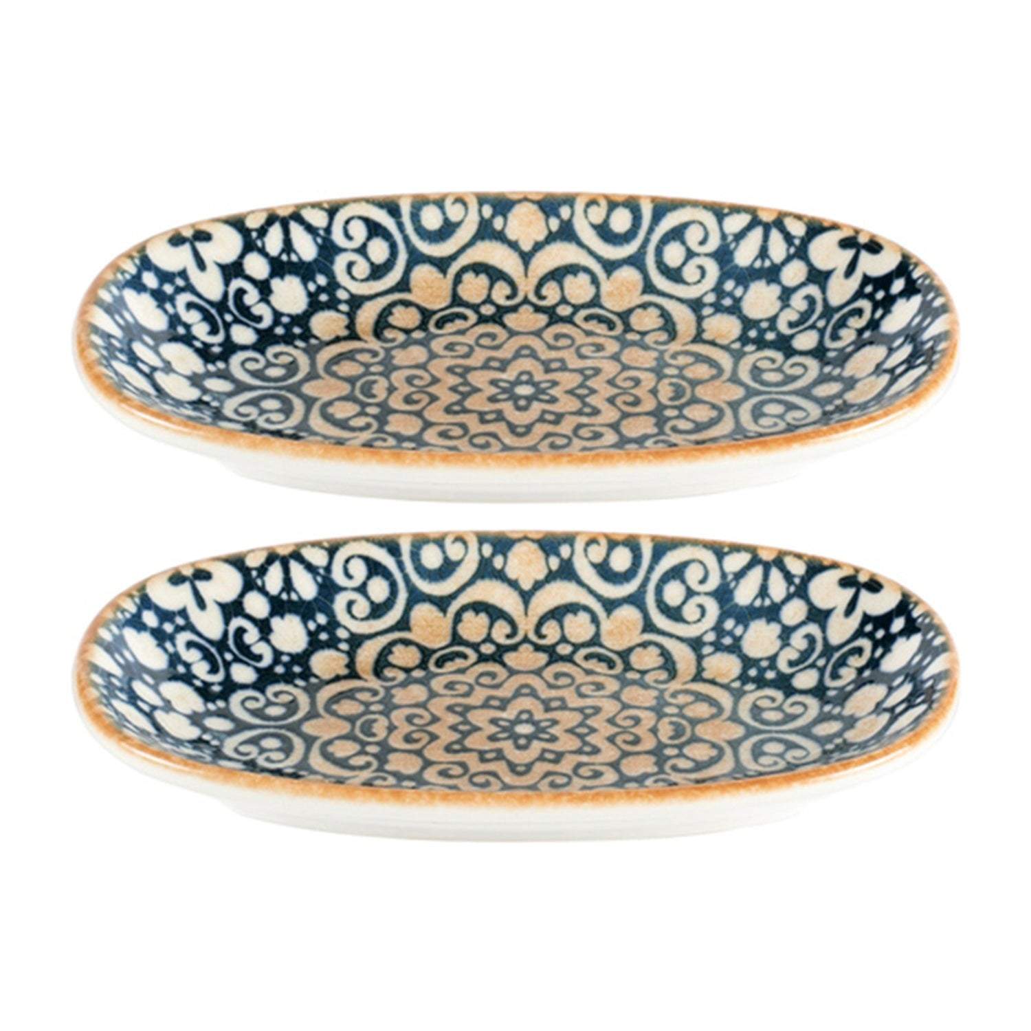 Turgla Home Blue / Brown Alhambra Oval Decorated Porcelain Appetizer, Side Platters Set Of Two
