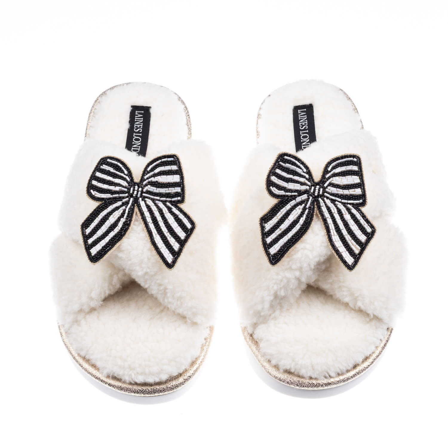 Laines London Women's Neutrals / White Laines Neutral Boucle Slippers With Black Stripe Bow Brooches - Cream In White