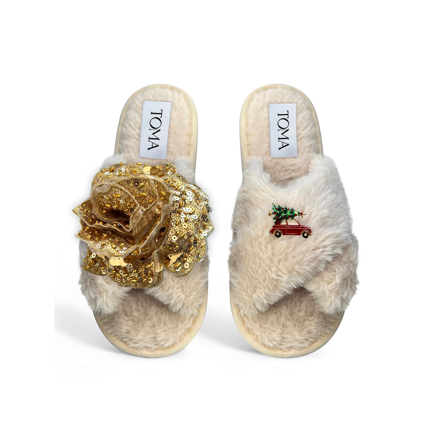 Toma Women's Neutrals Classic  Faux Fur Open Toe Gold Sequin And Christmas Car Beige Slippers In Neutral
