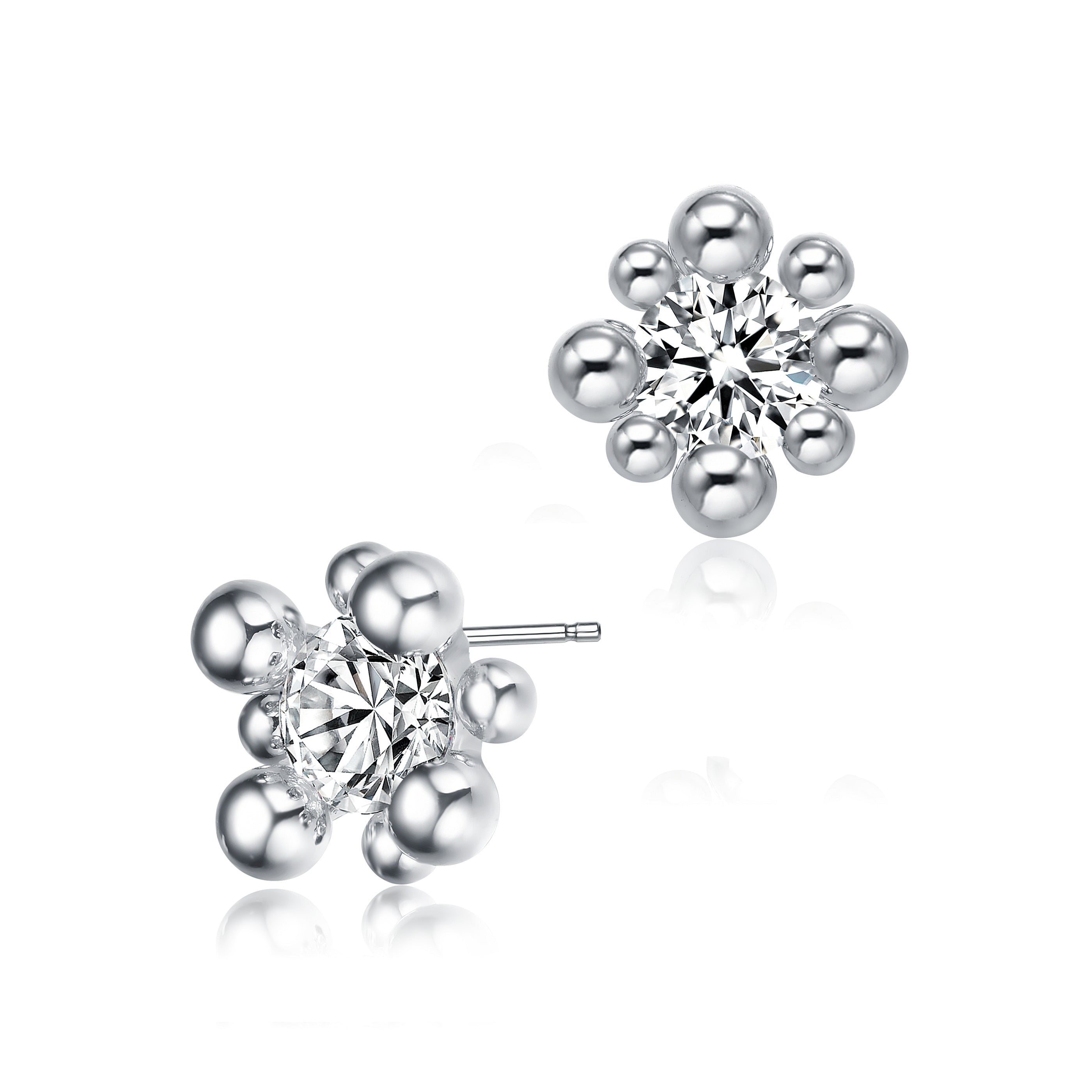 Women’s White / Silver Sterling Silver With Rhodium Plated Balls With Clear Round Cubic Zirconia Stud Earrings Genevive Jewelry