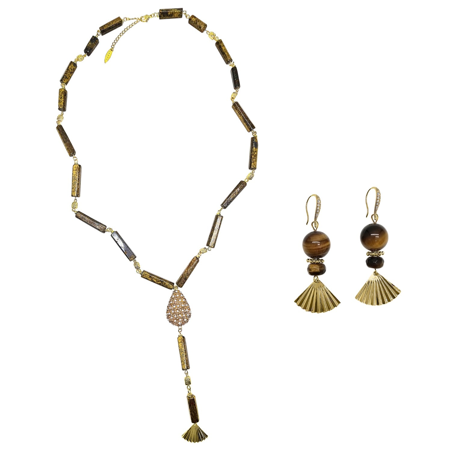 Farra Women's Brown Tiger-eye Stone With Rhinestone Lariat Necklace And Earring Jewelry Set In Brown