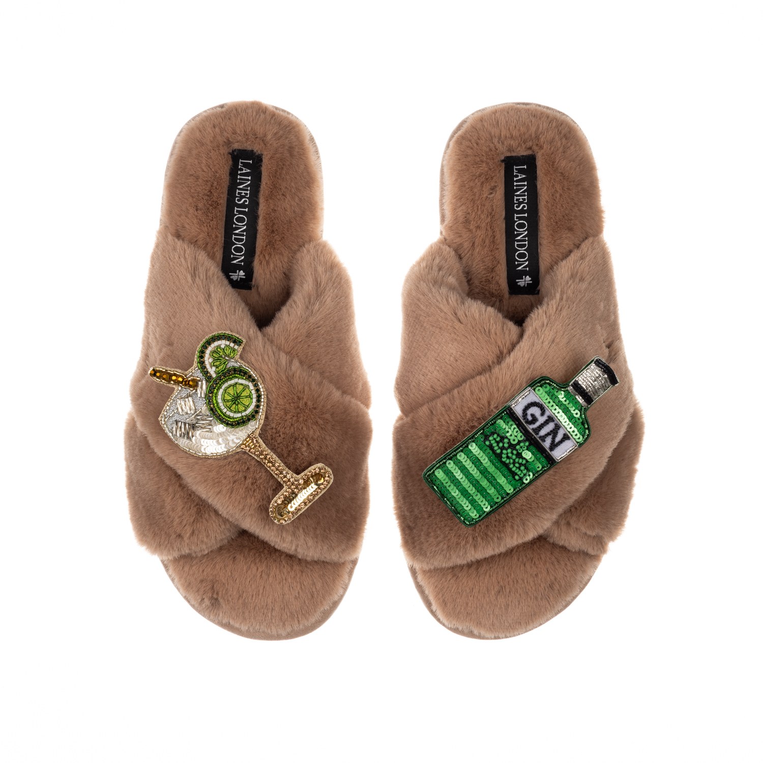 Laines London Women's Brown / Neutrals Classic Laines Slippers With Original Gin & Glass Brooches -toffee In Brown