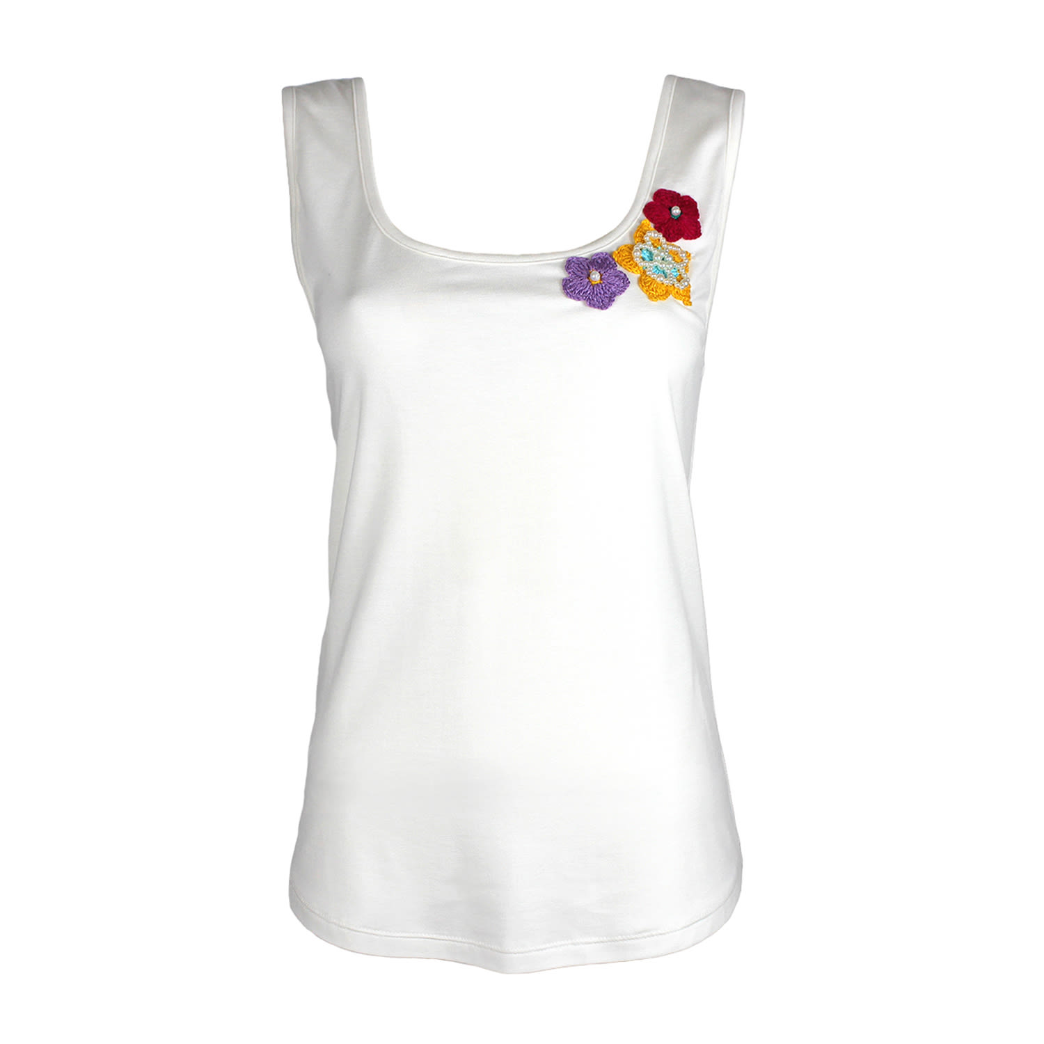 Lalipop Design Women's White Tank Top With Handmade Crochet Patches In White