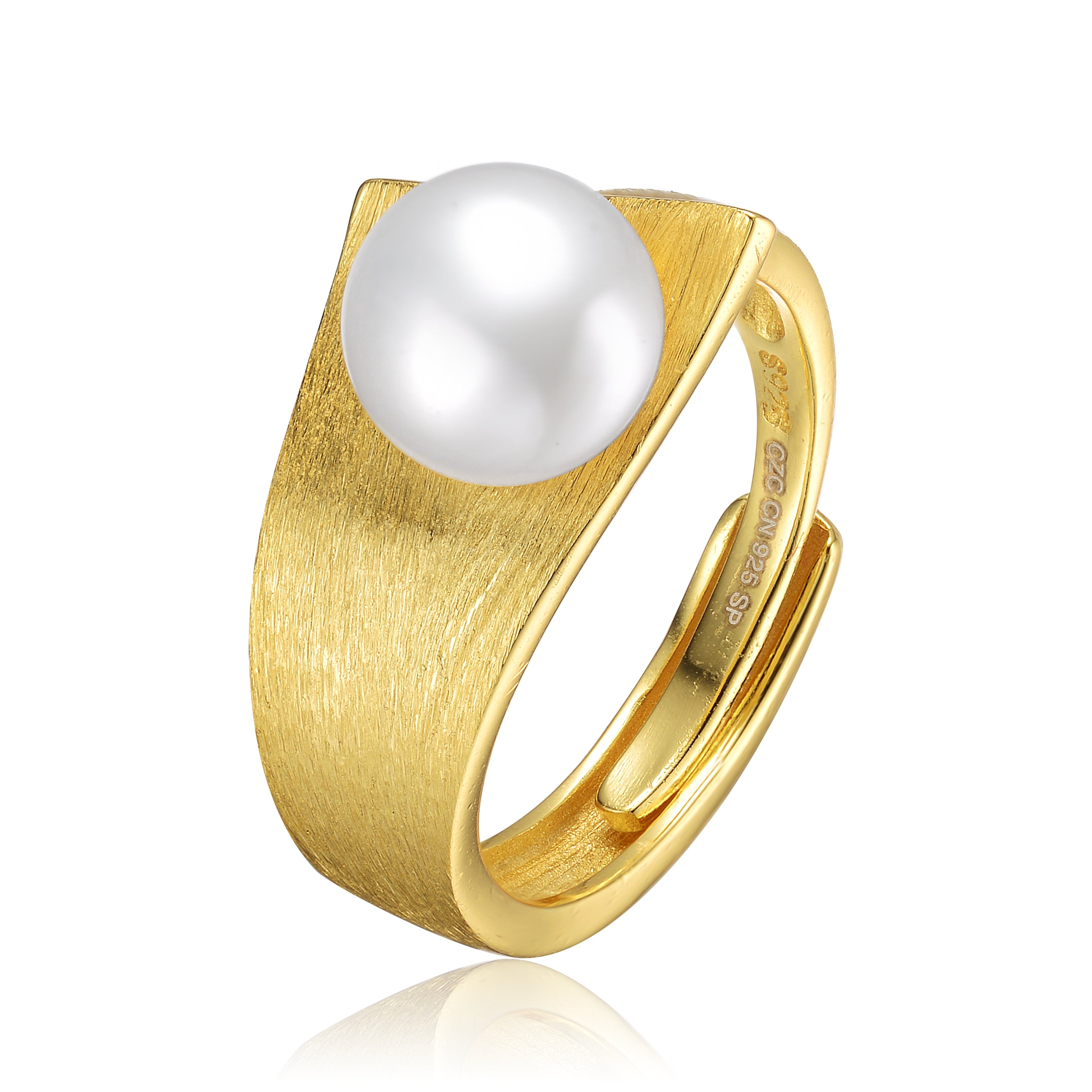 Women’s Gold / White Delphine Brushed Ribbon Golden Pearl Ring Genevive Jewelry