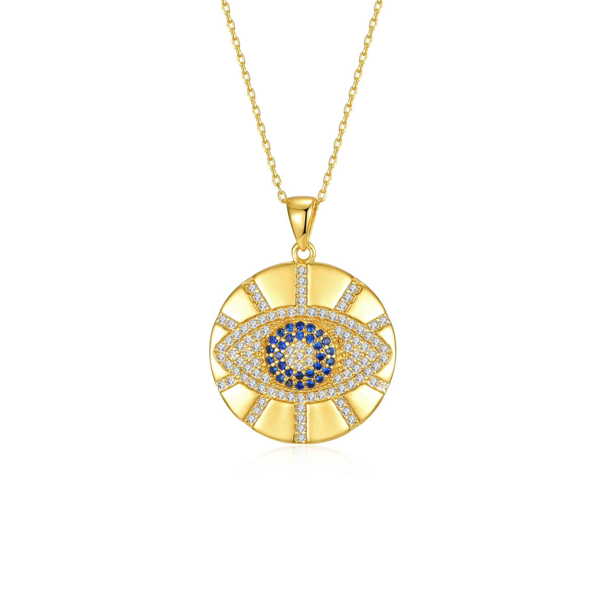 Women’s Gold / Blue Gold Plated Cubic Zirconia Evil Eye Light Rays Medallion Pendant Necklace Genevive Jewelry