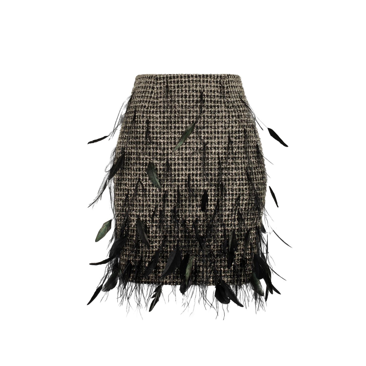 Azzalia Women's Black Tweed With Metallic Threads Skirt Embellished With Feathers-multicolor In Black