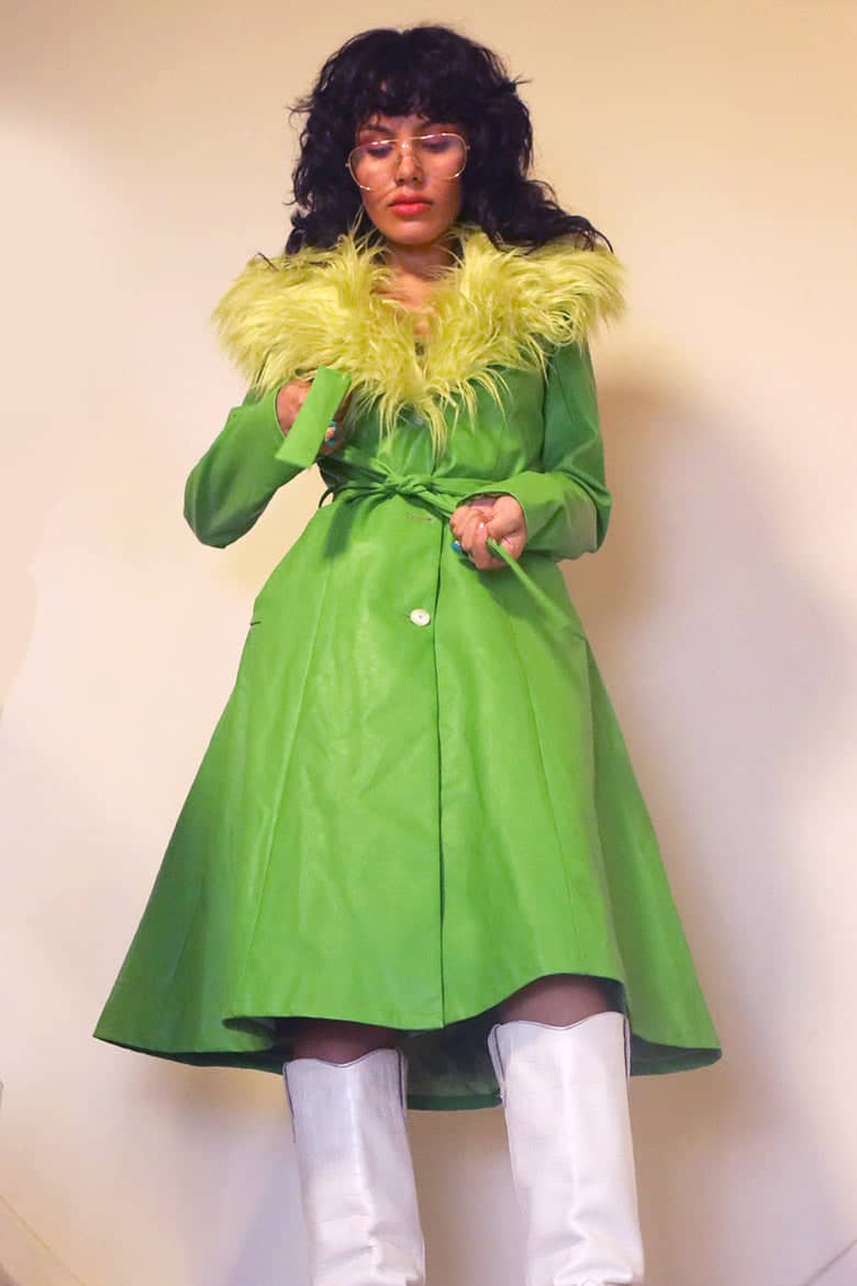 The Nadia Green Pu Mac With Oversized Faux Fur Collar