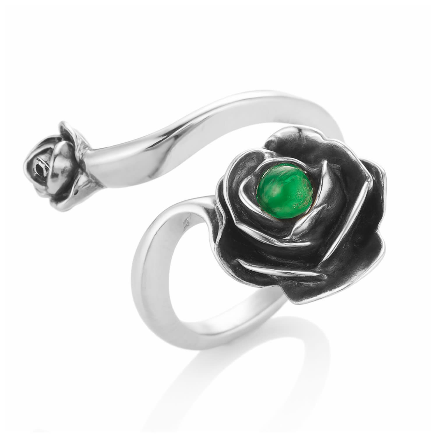 Unaloe Women's Silver / Green Rose Ring With Natural Emerald– Adjustable Sterling Silver Flower Jewelry In Multi