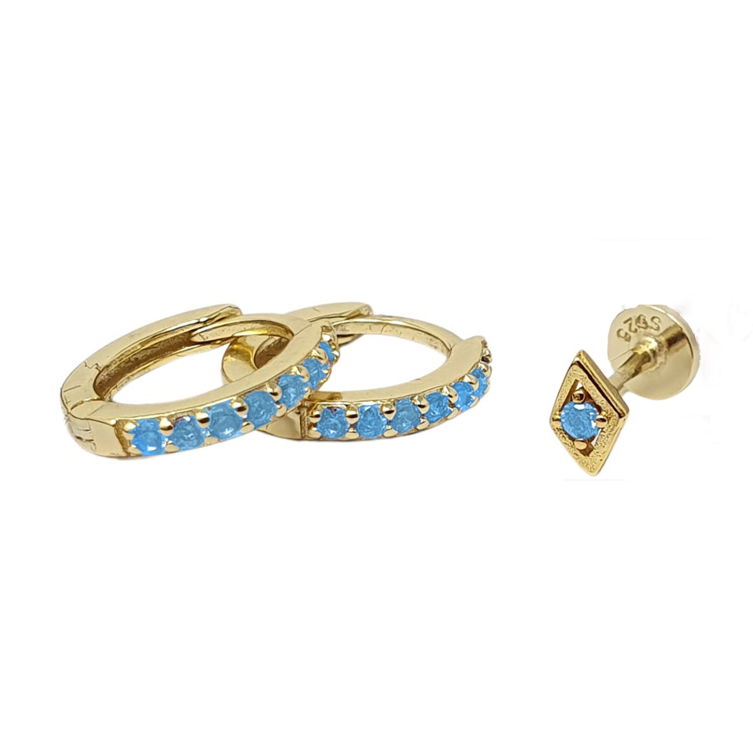 Women’s Blue / Gold Aquamarine March Birthstone Earring Gift Set: Small Huggie Hoops & Cartilage Labret Harfi