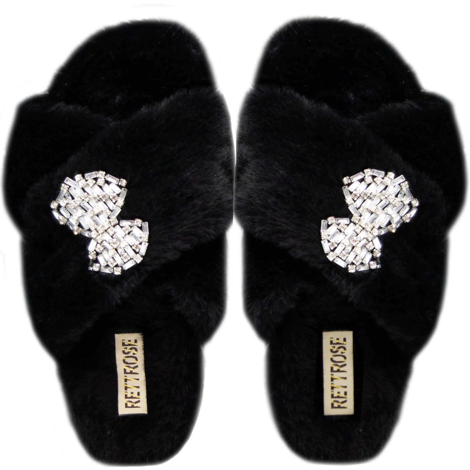 Rettrose Women's The Fefe Luxury Black Plush Diamanté Bow Embellished Handmade Slipper In Black