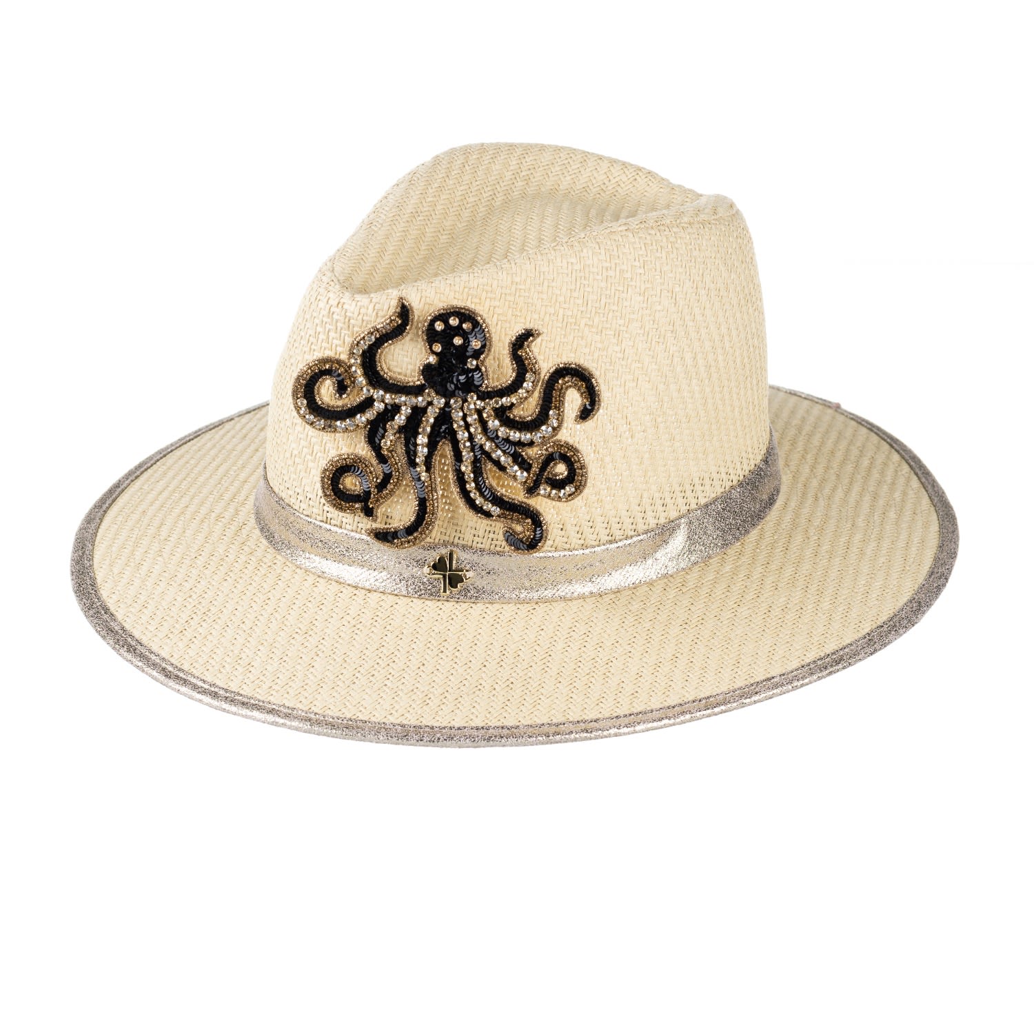 Women’s Straw Woven Hat With Embellished Neutrals & Gold Octopus Brooch - Cream One Size Laines London