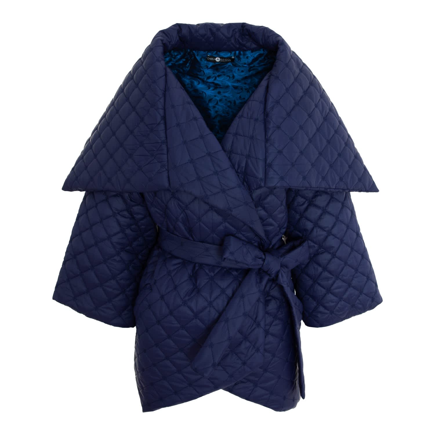 Asymmetrical Jacket In Navy Blue Quilted Fabric With Belt, IZABELA MANDOIU