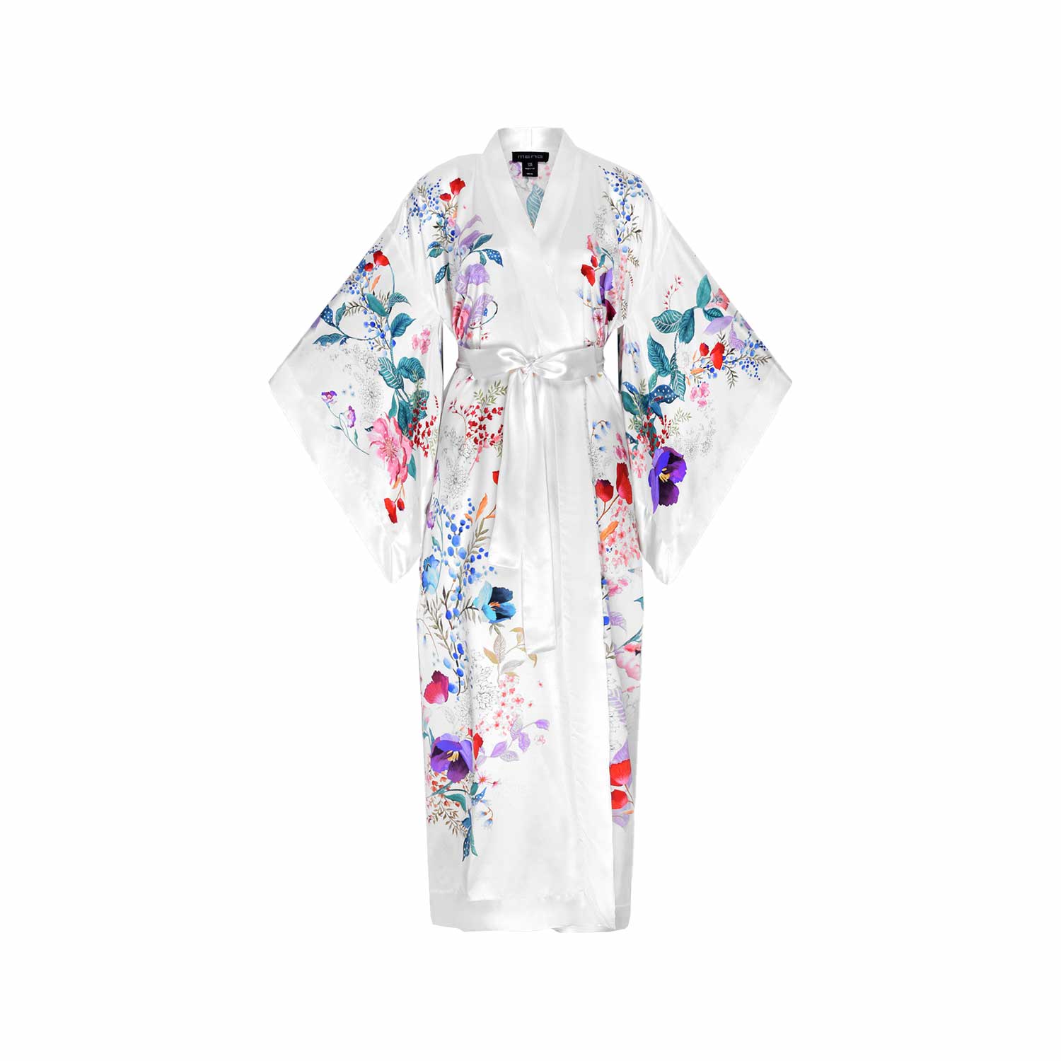 Meng Women's White Watercolour Flowers Silk Satin Kimono