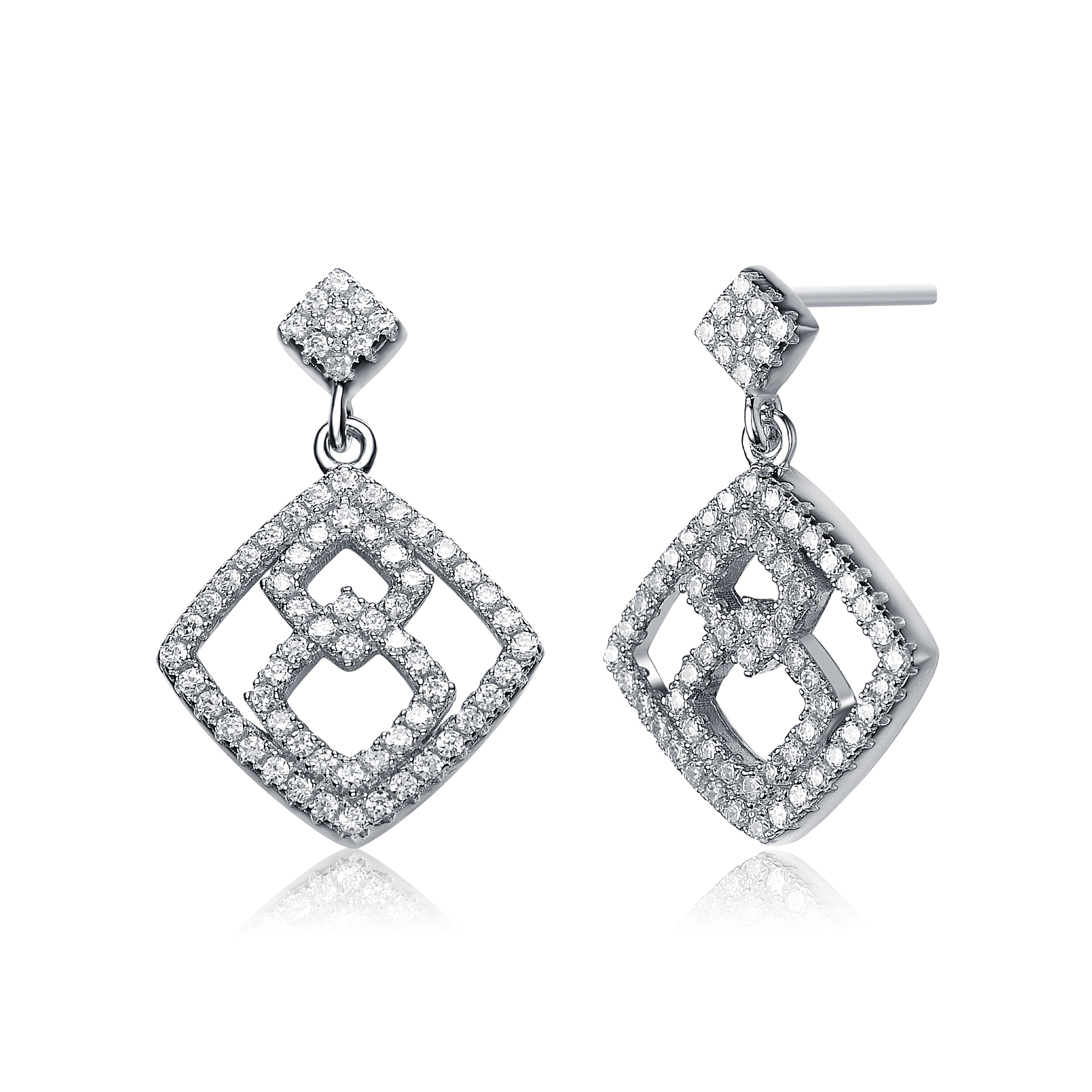 Women’s White / Silver Déco Triple Square Halo Earrings Genevive Jewelry