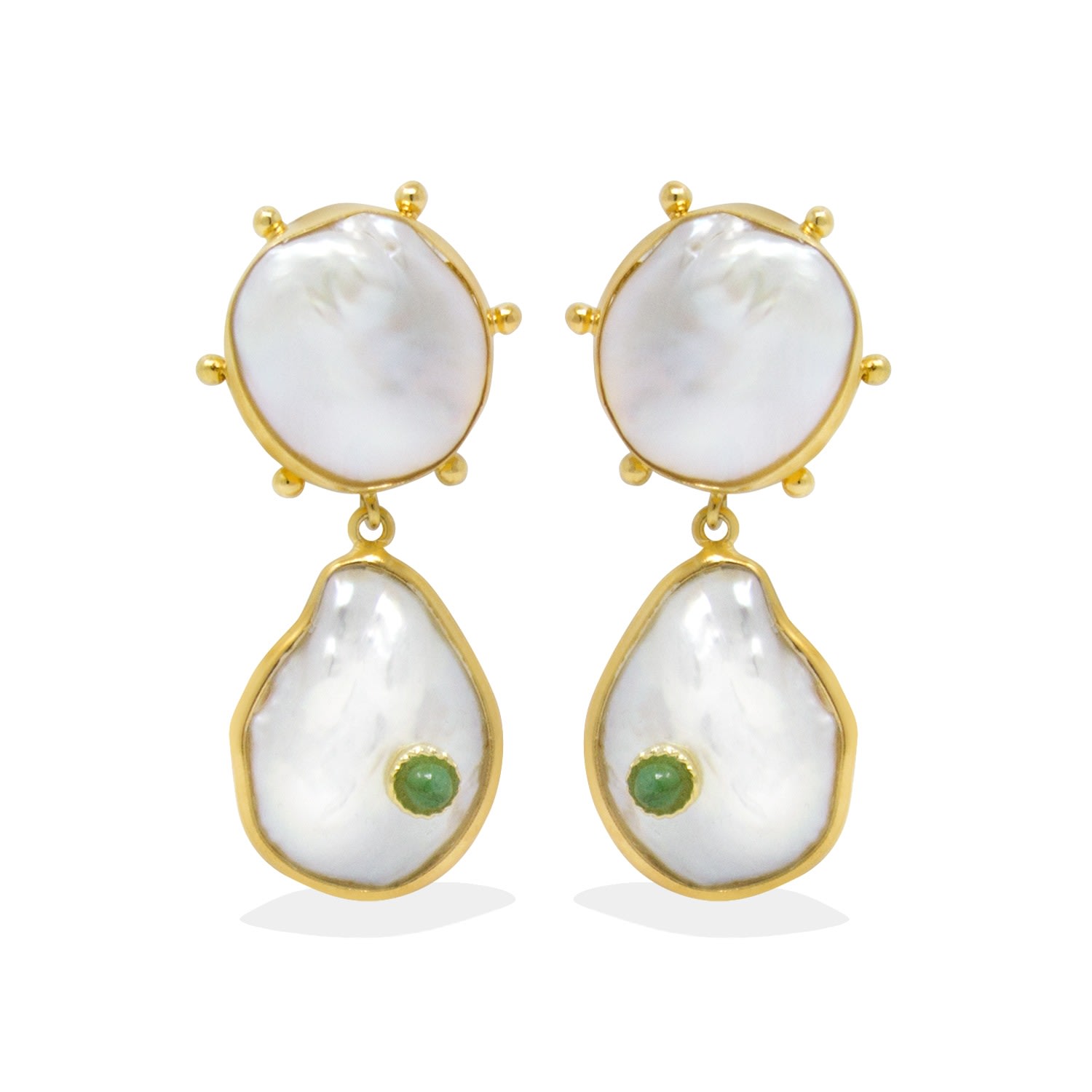 Vintouch Italy Women's White / Gold / Green Rebel Rebel Pearl Earrings With Emeralds In Multi