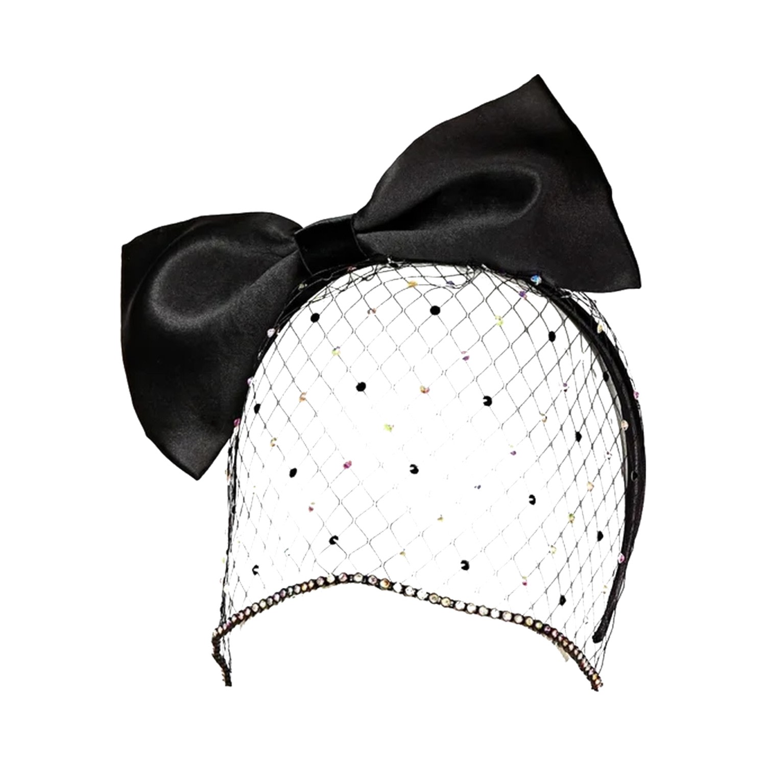 Women's Black / White The Bow | Black Satin Bow Headband With Crystal Birdcage Veil | One Size | Victoria Grant