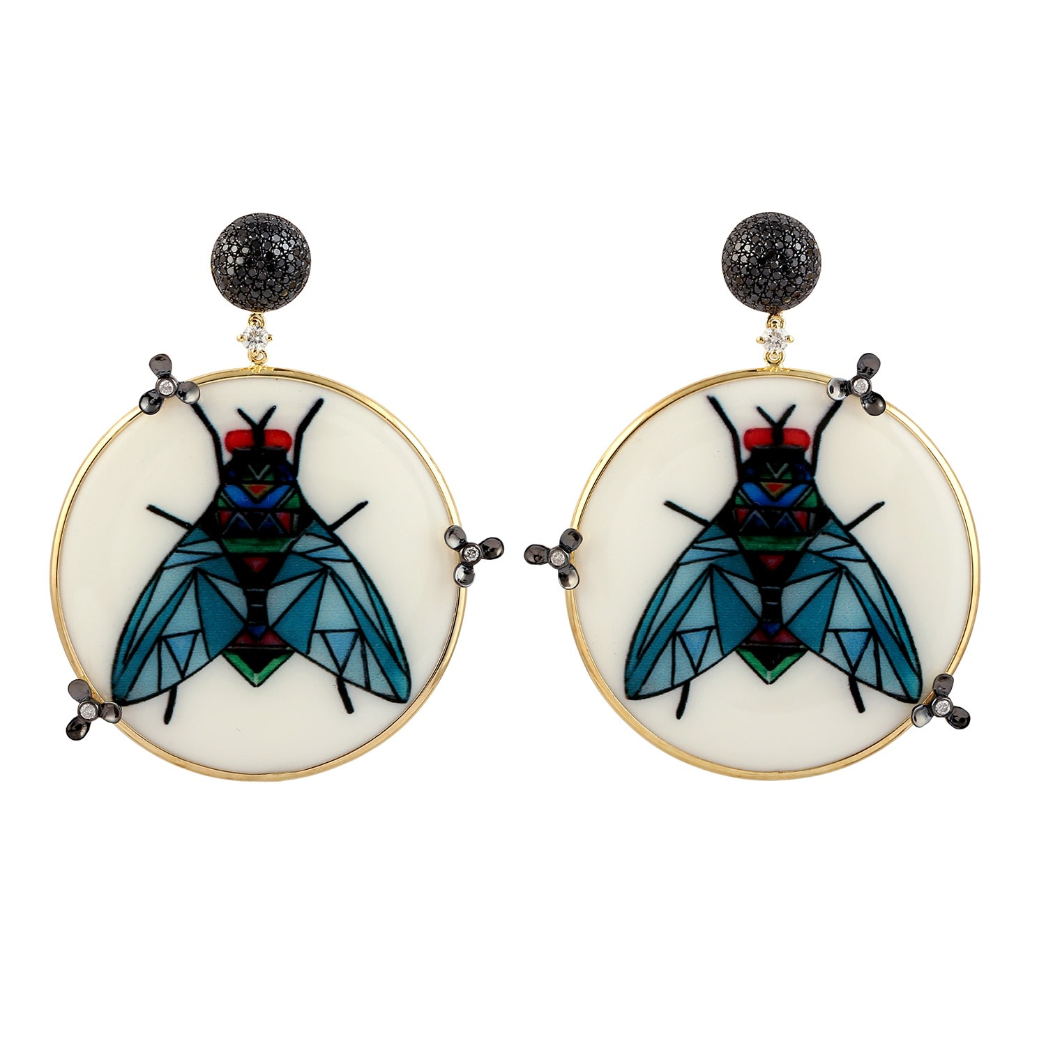Artisan Women's Yellow Gold Dangle Earrings With Picture Bakelite, Diamonds & Enamel In White
