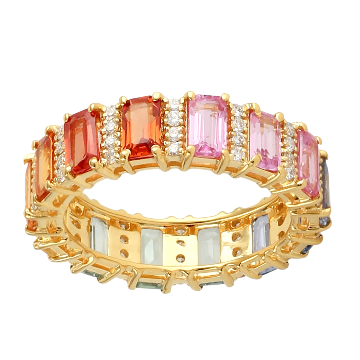 Artisan Women's Rainbow Sapphire & Diamond Bar Set Eternity Band Ring In 18kt Yellow Gold In Gold