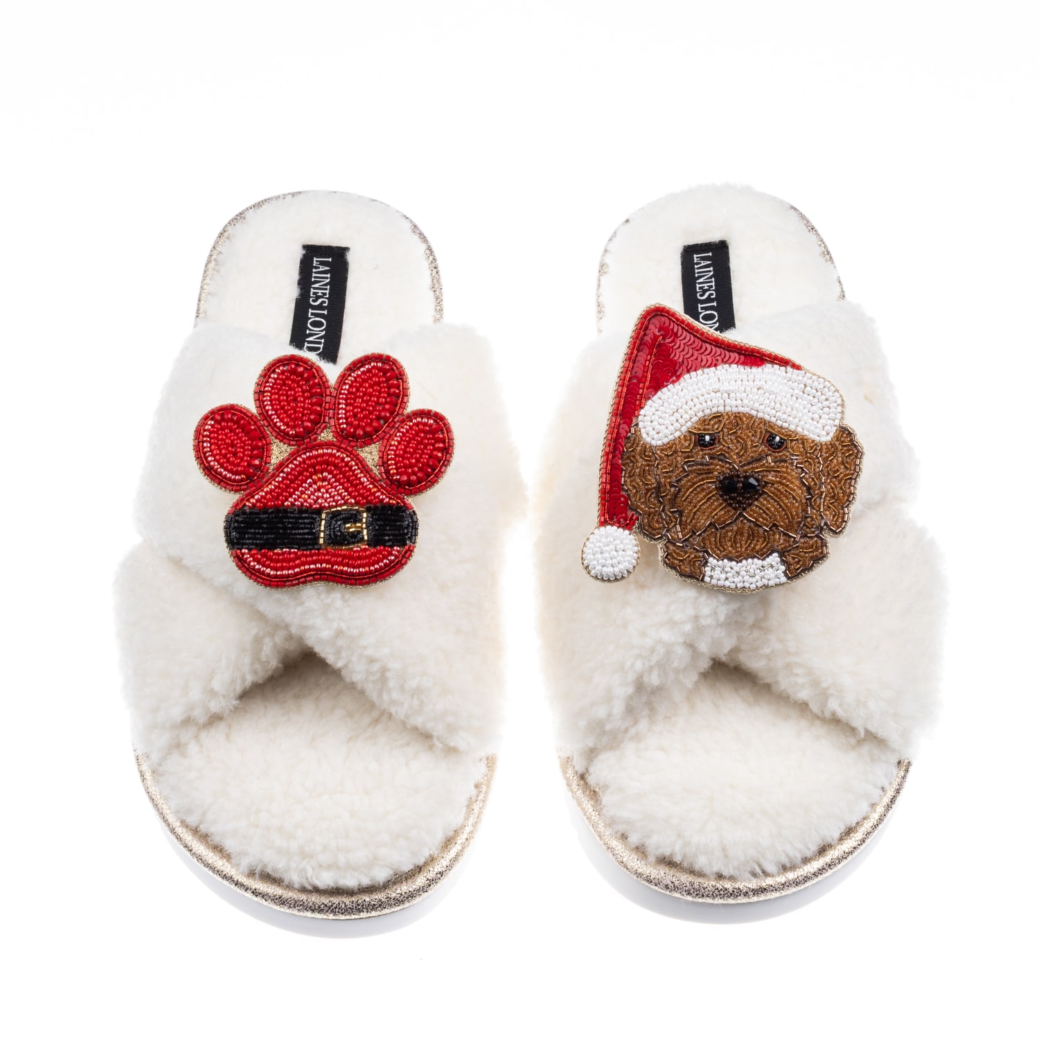 Laines London Women's Neutrals / White Laines Boucle Slippers With Christmas Brown Cockapoo & Paw Brooches - Cream In White