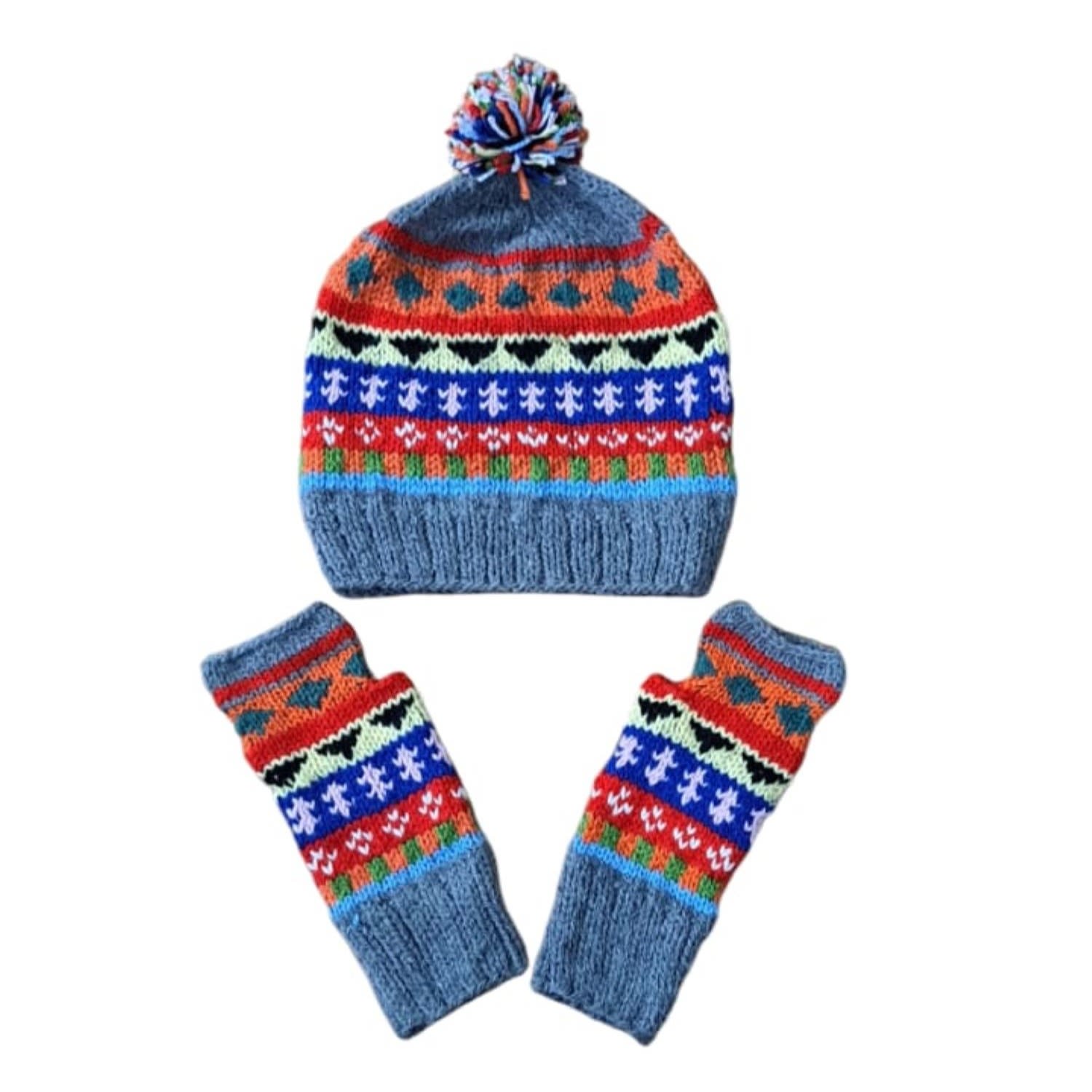 Springmoonatelier Women's Handcrafted Wool Hat And Fingerless Gloves - Mixed Color Dark Gray