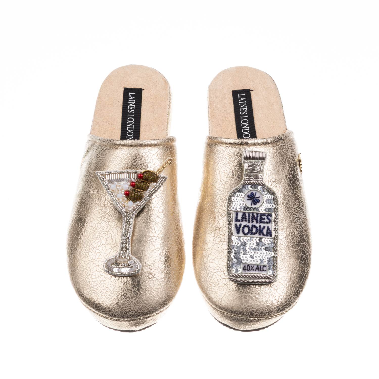 Laines London Women's  Gold Softie Slippers With Vodka Martini Brooches In Gold