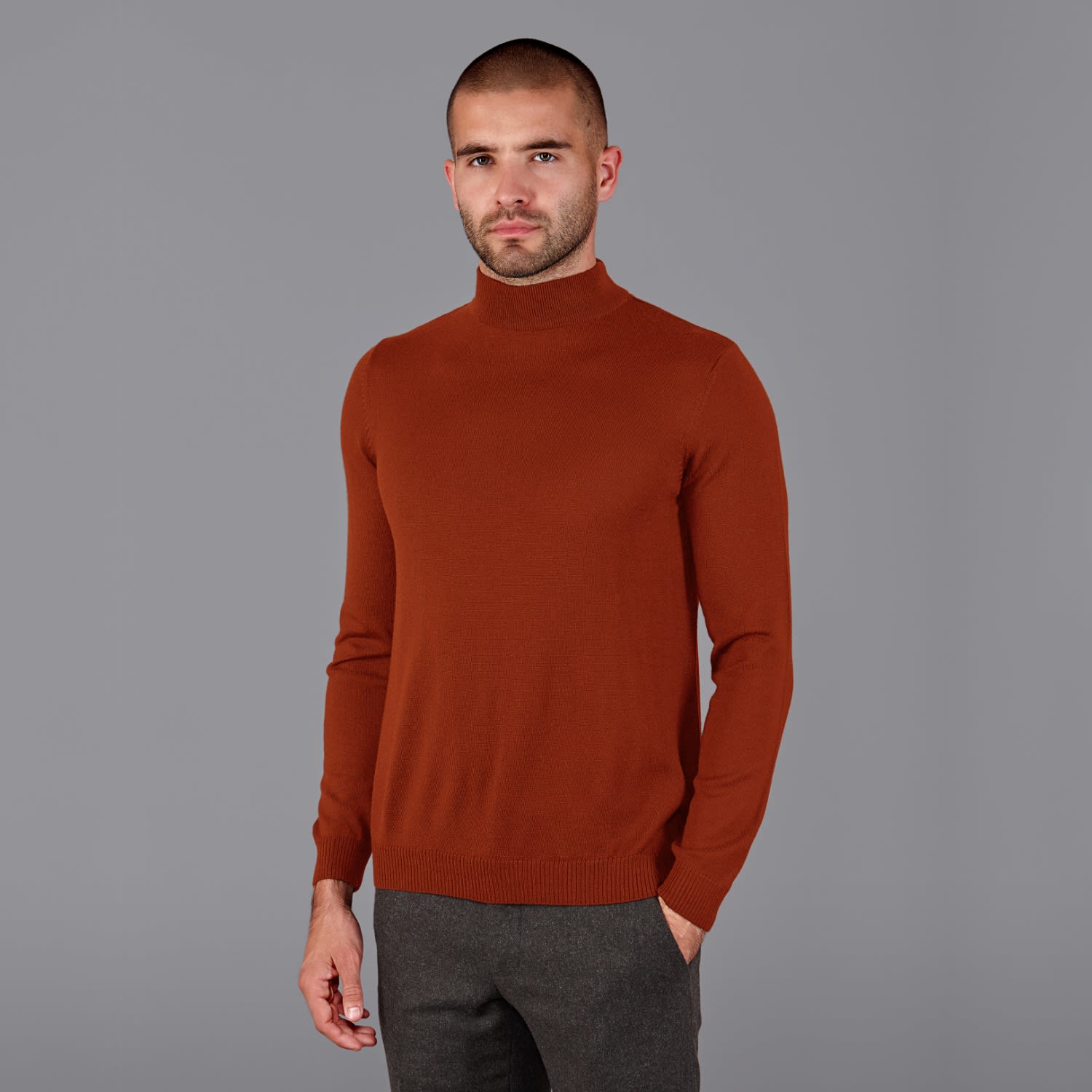 Mens Extra Fine Merino Wool Mock Turtleneck Shaw Jumper - Spice by Paul  James Knitwear