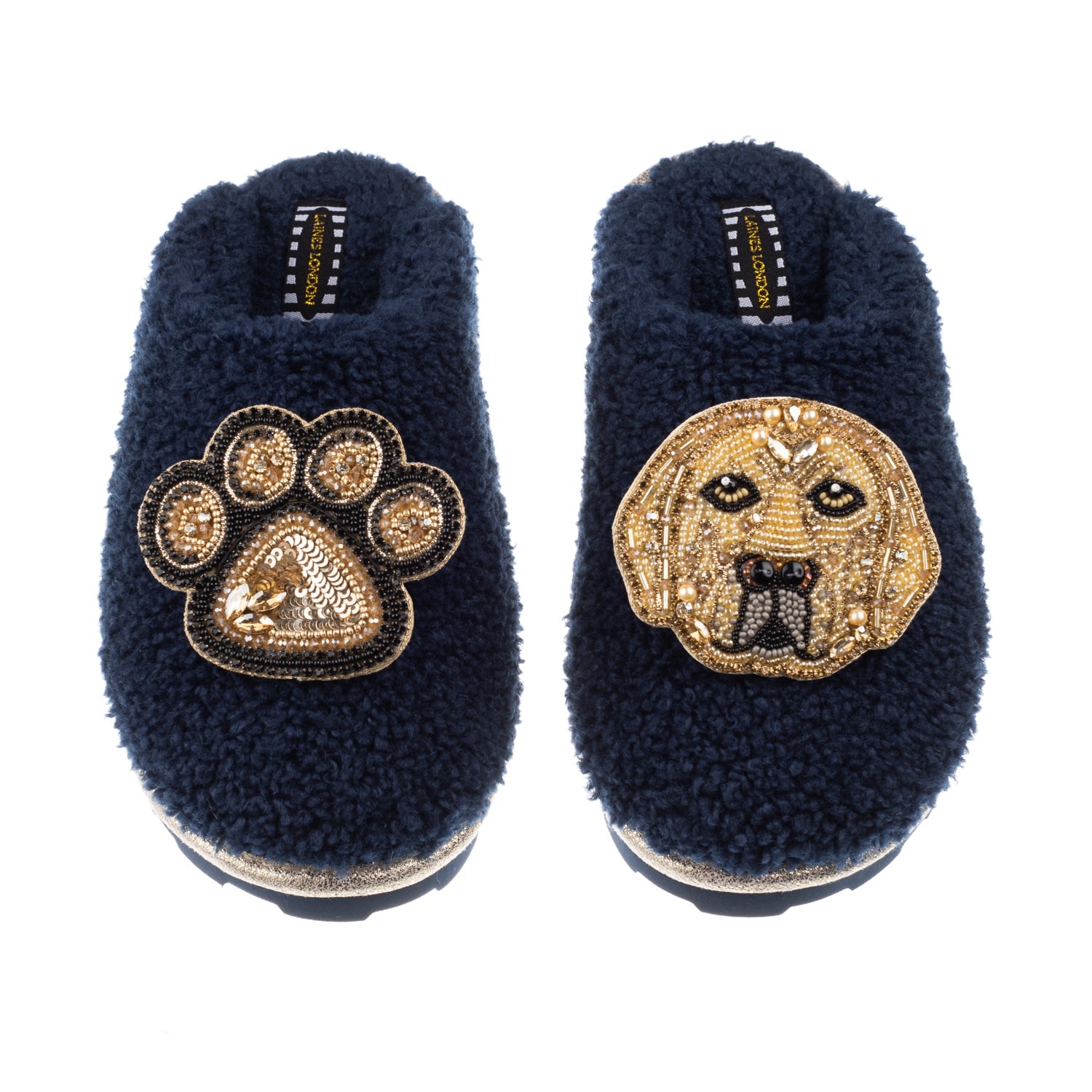 Laines London Women's Blue Teddy Towelling Closed Toe Slippers With Skip & Paw Brooch - Navy In Blue