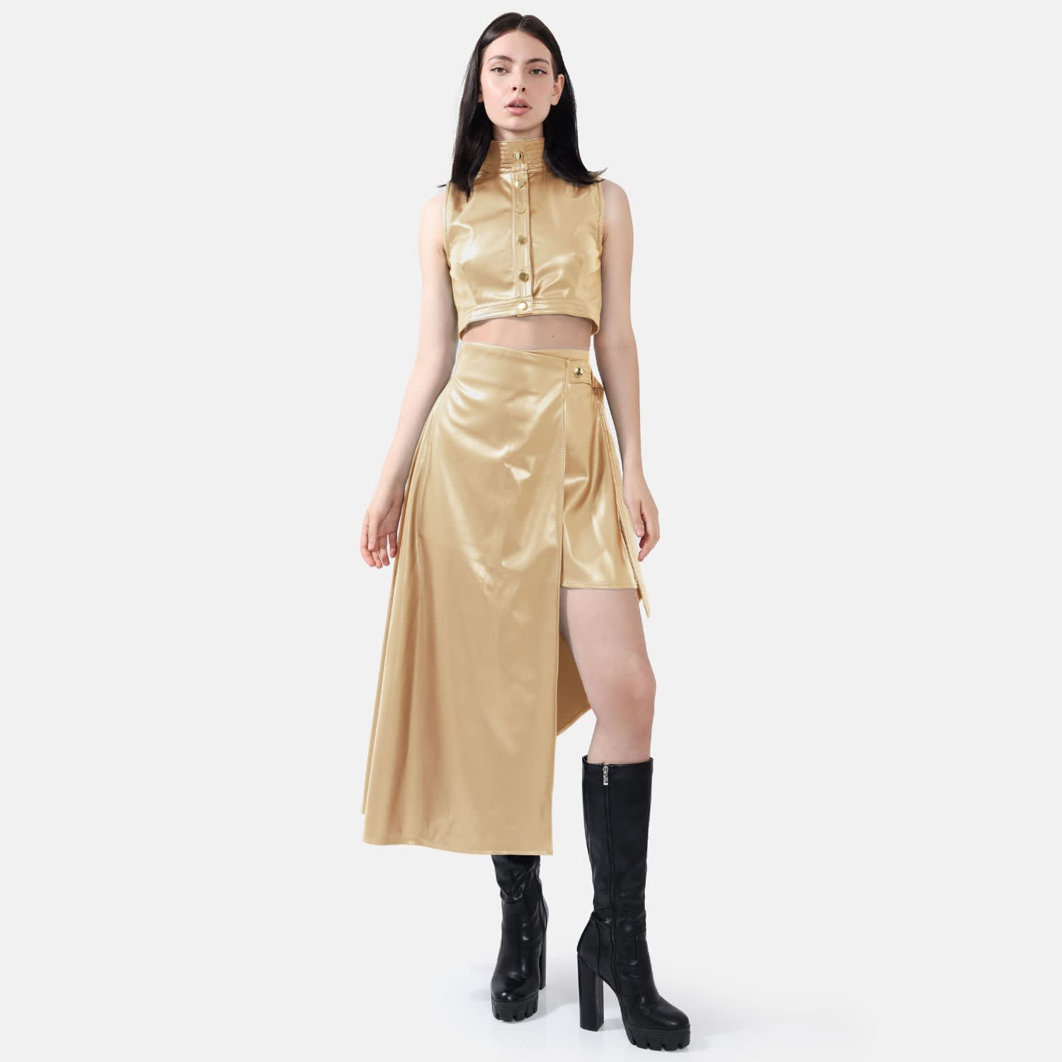 Gold Leather Wrap Skirt – Asymmetrical, Vegan Faux | Kargede