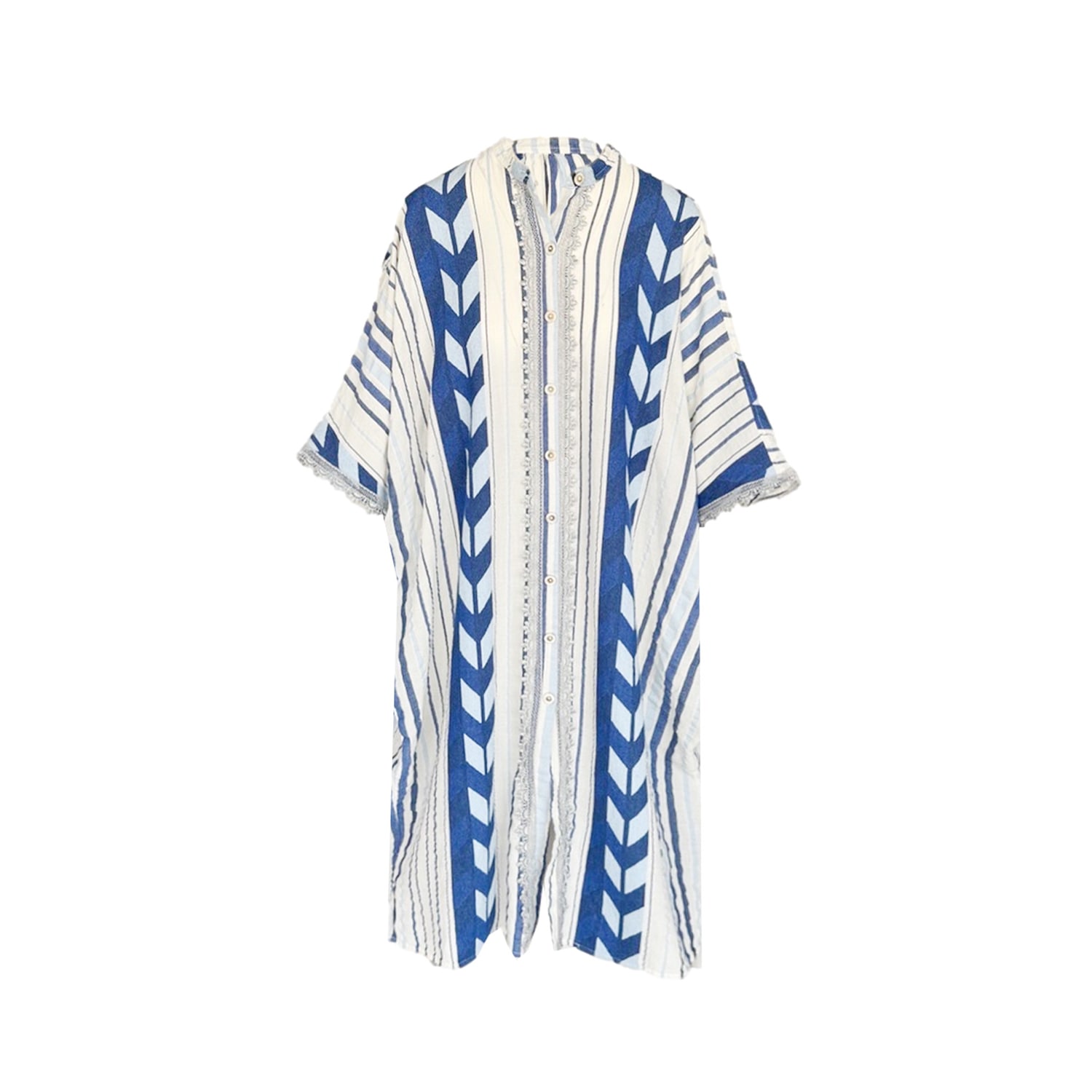 Women's White / Blue Lace Insert Button-Down Embroidered Cotton Kaftan Blue Arrow | One Size | Haris Cotton