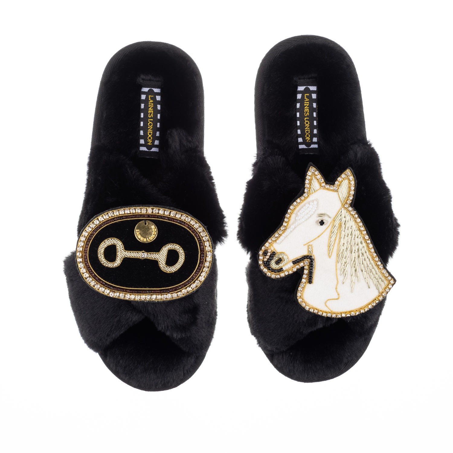 LAINES LONDON - Classic Laines Slippers With Double Deluxe White Horse & Horse-Bit Brooches - Black