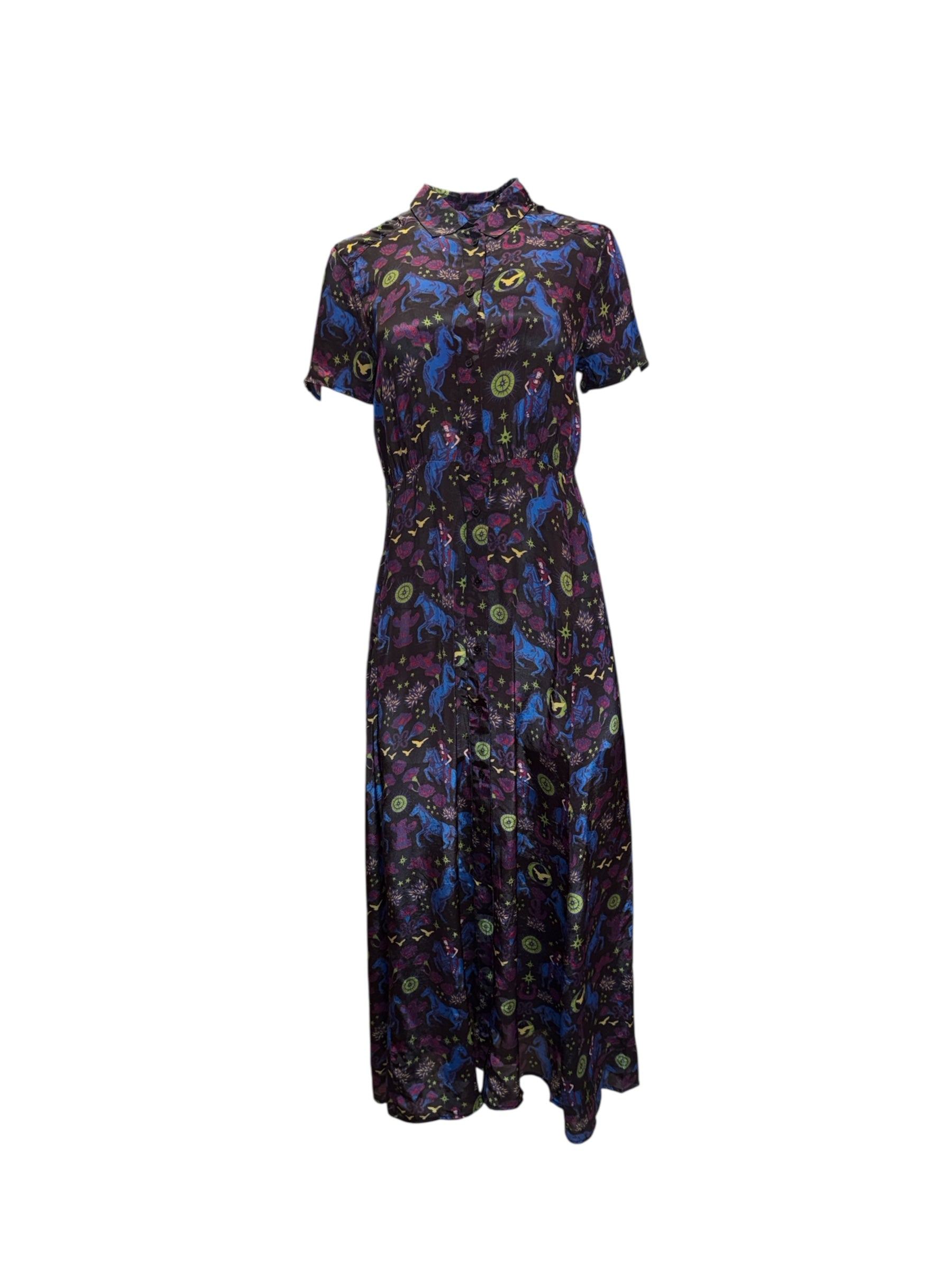Any Old Iron Women's Black / Blue Multicolor Horses For Courses Collared Dress In Multi
