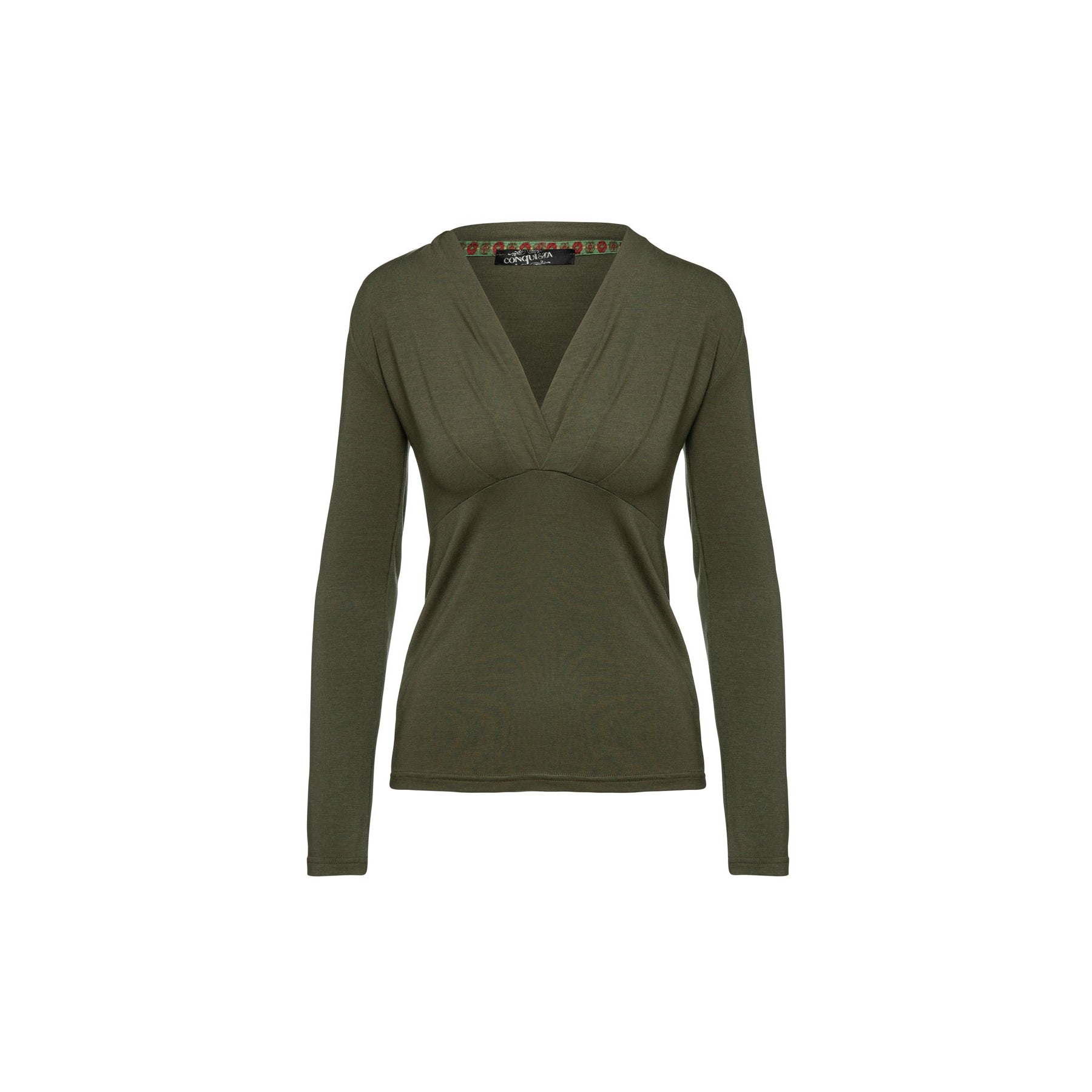 Conquista Women's Neutrals Khaki Long Sleeve Faux Wrap Top In Stretch Jersey Sustainable Fabric In Yellow