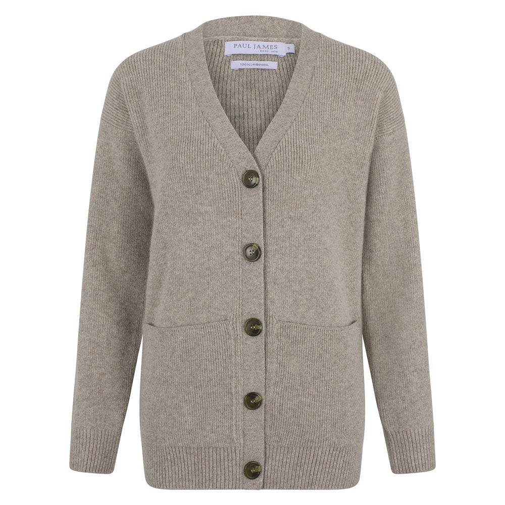 Paul James Knitwear Neutrals Womens Lambswool V Neck Ribbed Layla Cardigan With Pockets - Cobble