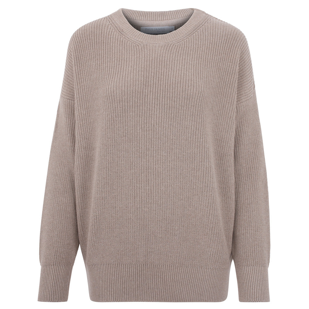 Neutrals Womens Cotton Ribbed Crew Neck Tiffany Jumper - Fawn Medium Paul James Knitwear