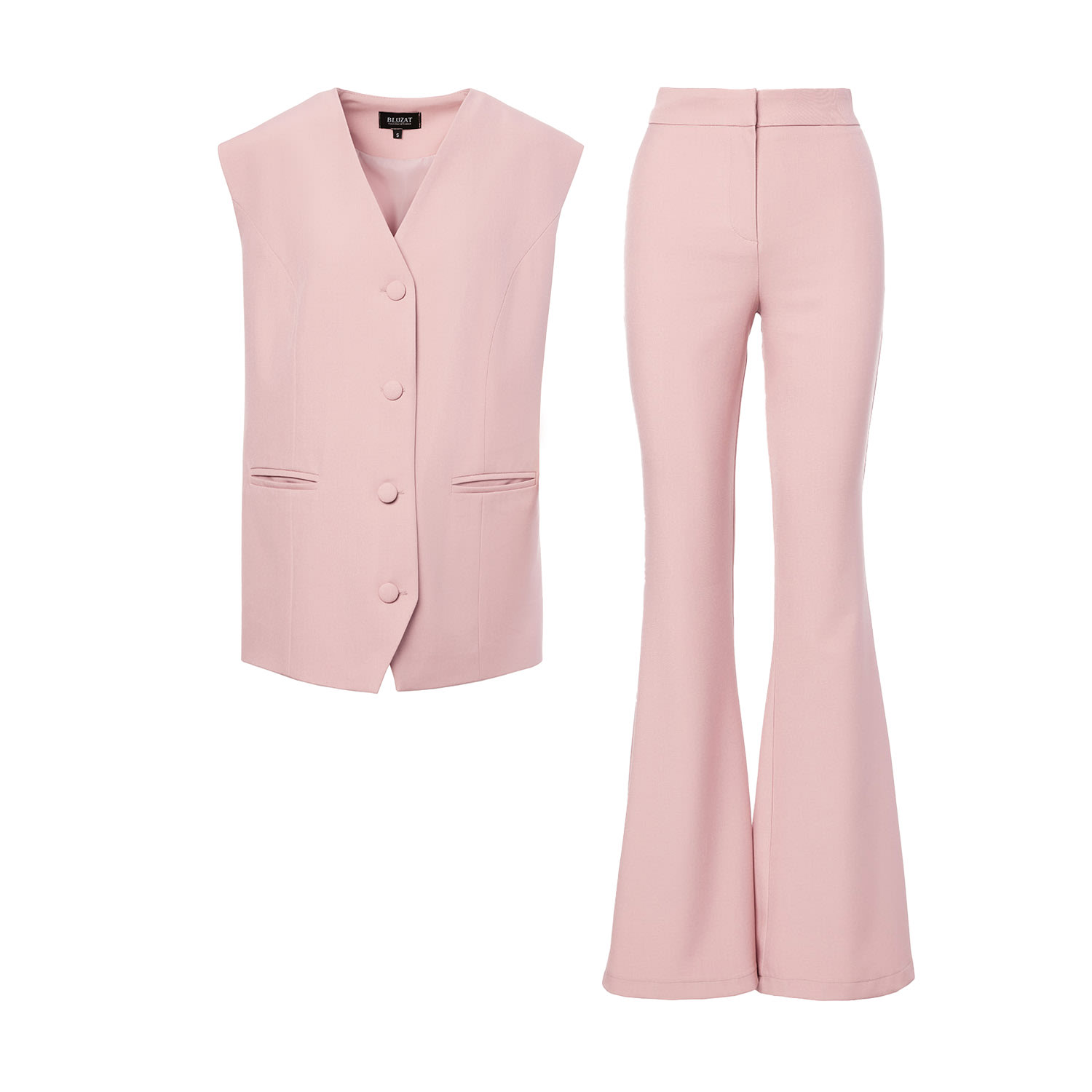 Bluzat Women's Pink / Purple Pastel Pink Suit With Oversized Vest And Flared Trousers In Pink/purple
